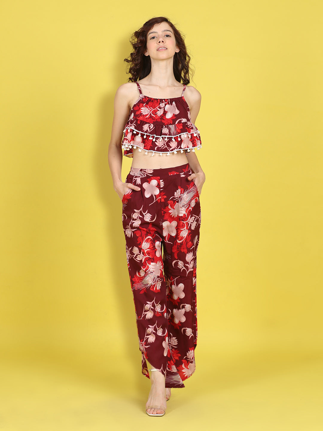 Cutiekins Girls Trendy Bold Style Printed Top & Palazzo Co-ord Set -Maroon & Off White