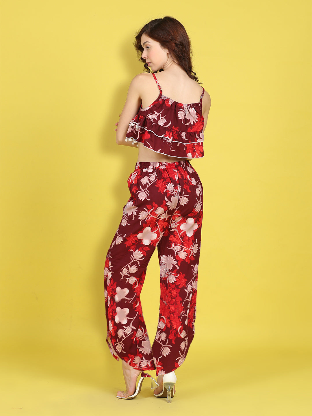 Cutiekins Girls Trendy Bold Style Printed Top & Palazzo Co-ord Set -Maroon & Off White