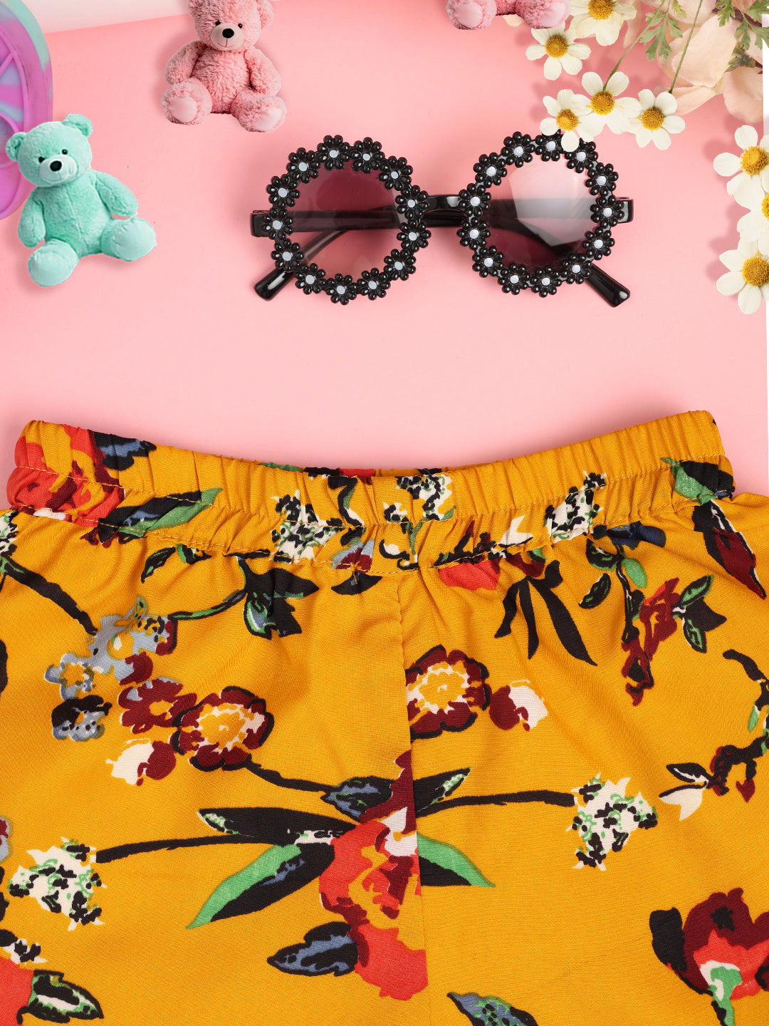 Cutiekins Girls Floral Print Embellished Short -Mustard & Multi