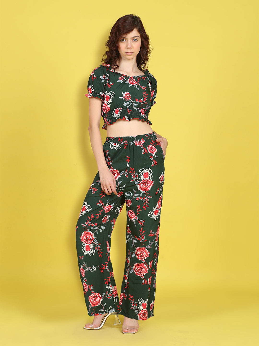 Cutiekins Girls Trendy Bold Style Printed Top & Palazzo Co-ord Set -Dark Green & Red