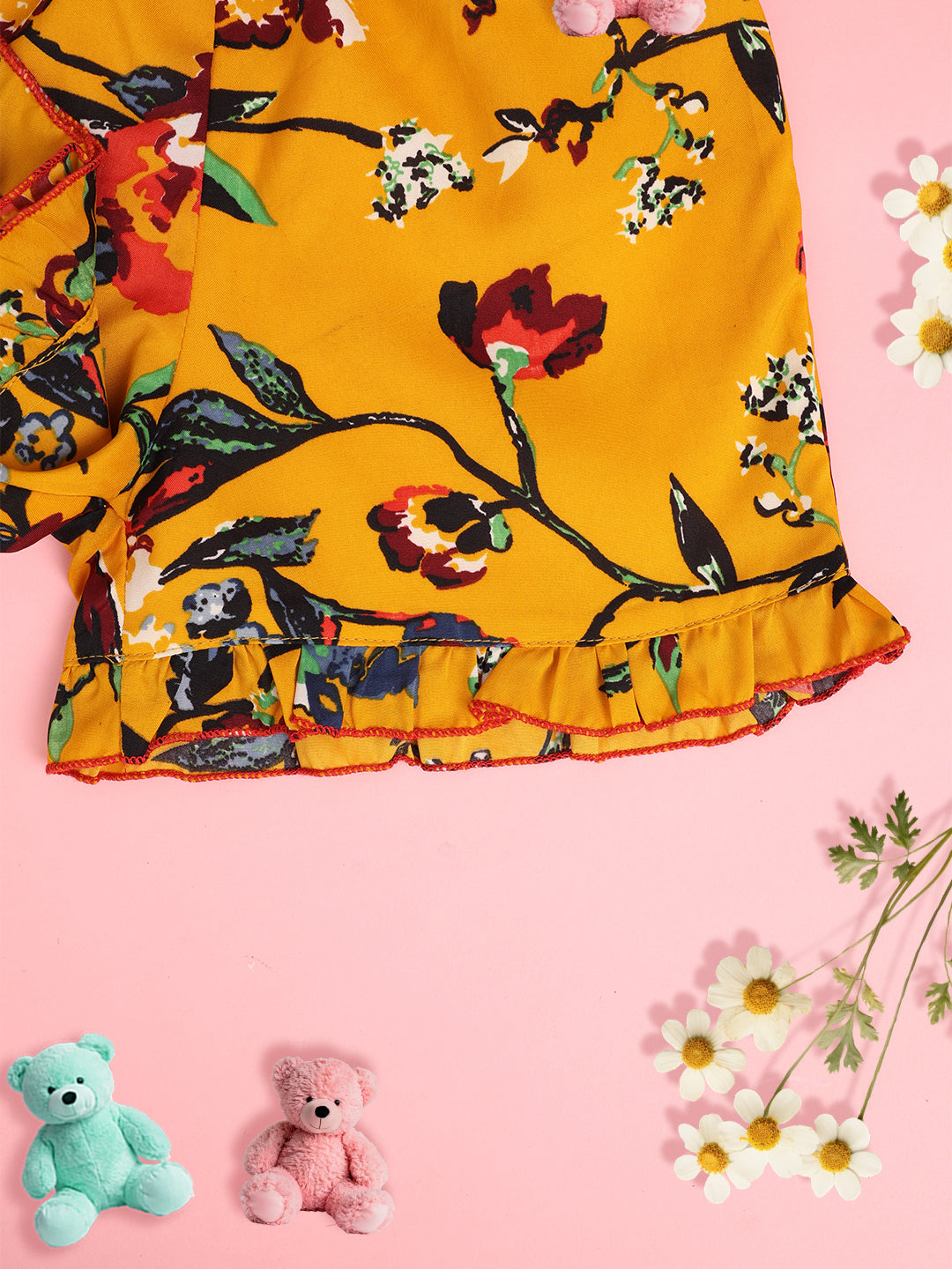 Cutiekins Girls Floral Print Embellished Short -Mustard & Multi