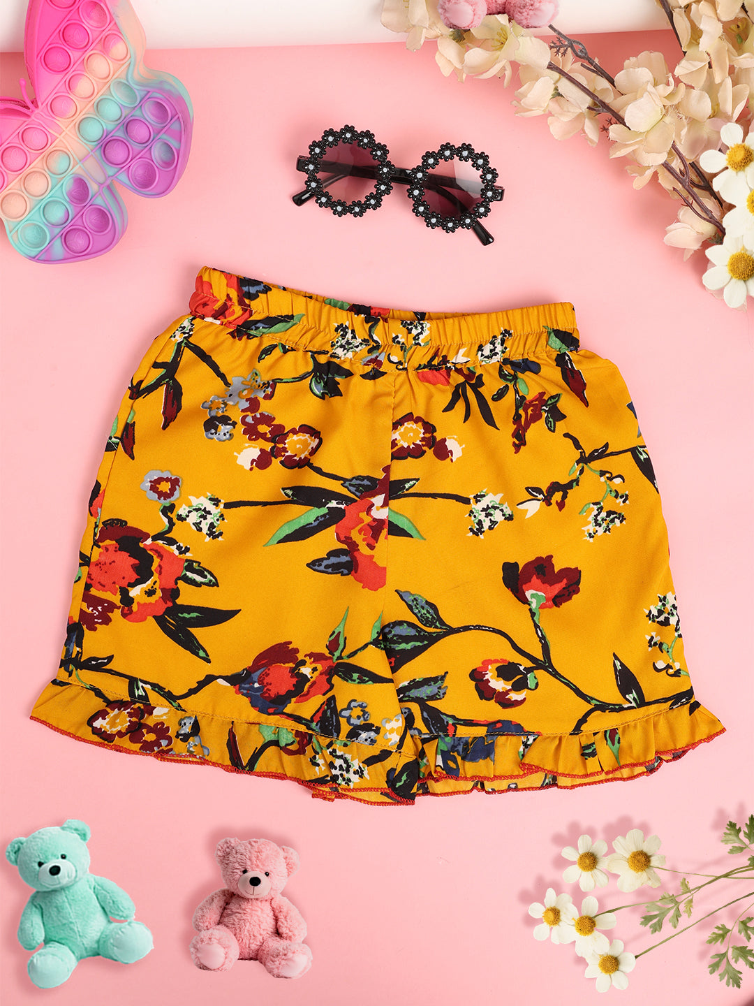 Cutiekins Girls Floral Print Embellished Short -Mustard & Multi