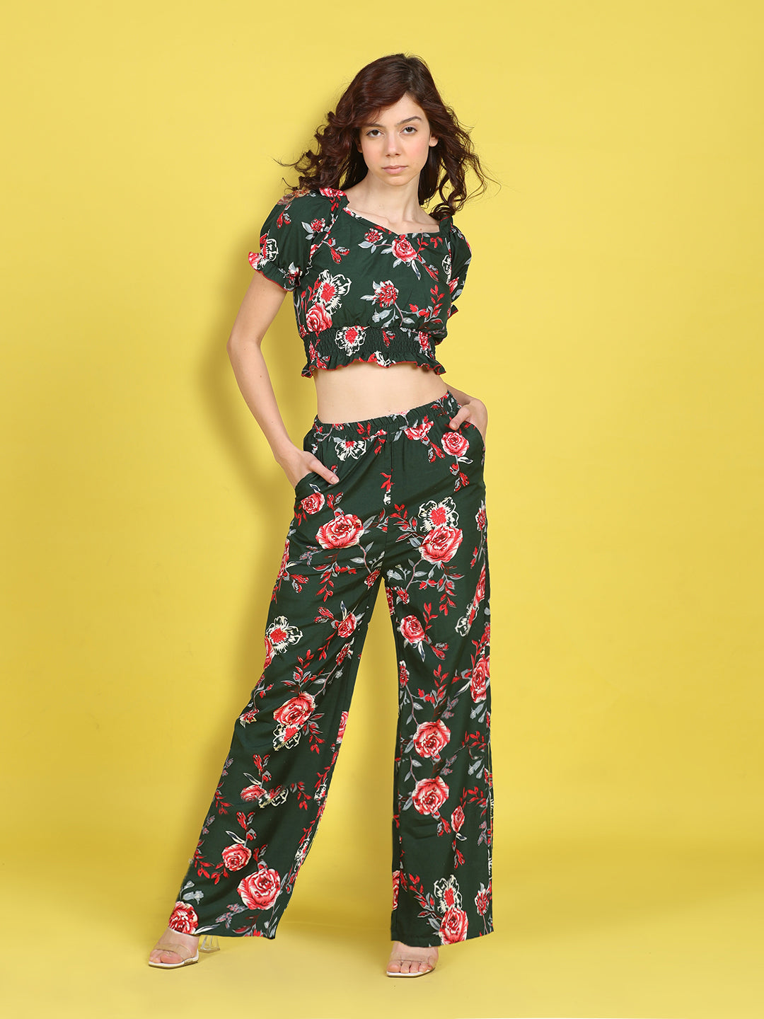 Cutiekins Girls Trendy Bold Style Printed Top & Palazzo Co-ord Set -Dark Green & Red