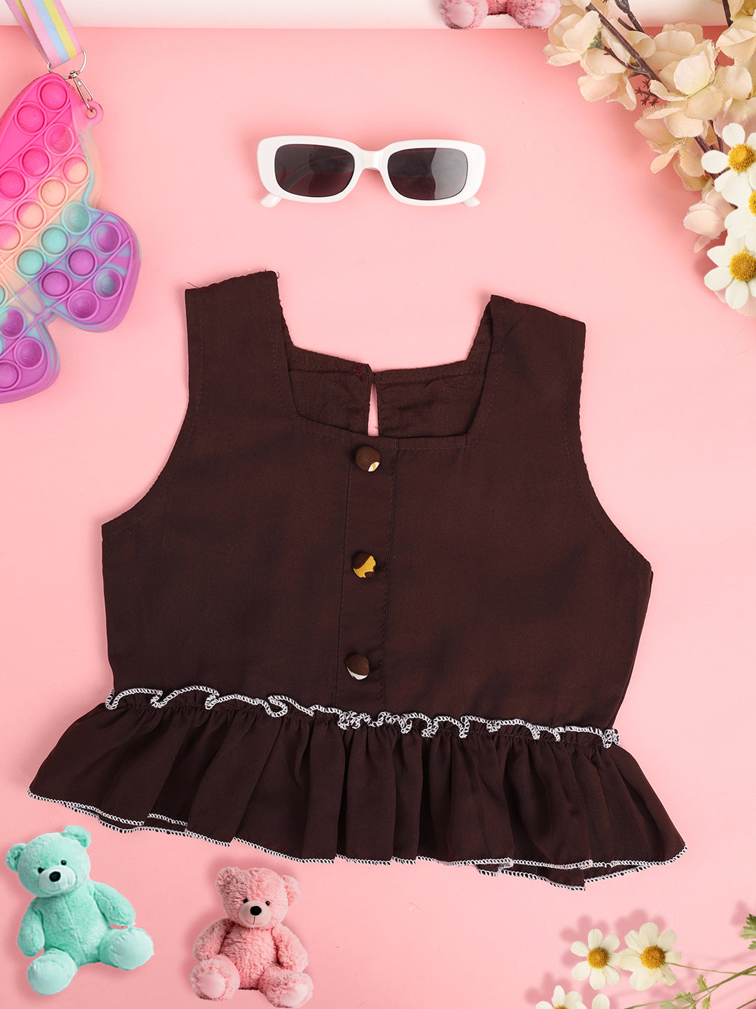 Cutiekins Girls Solid Embellished Crop Top -Coffee Brown