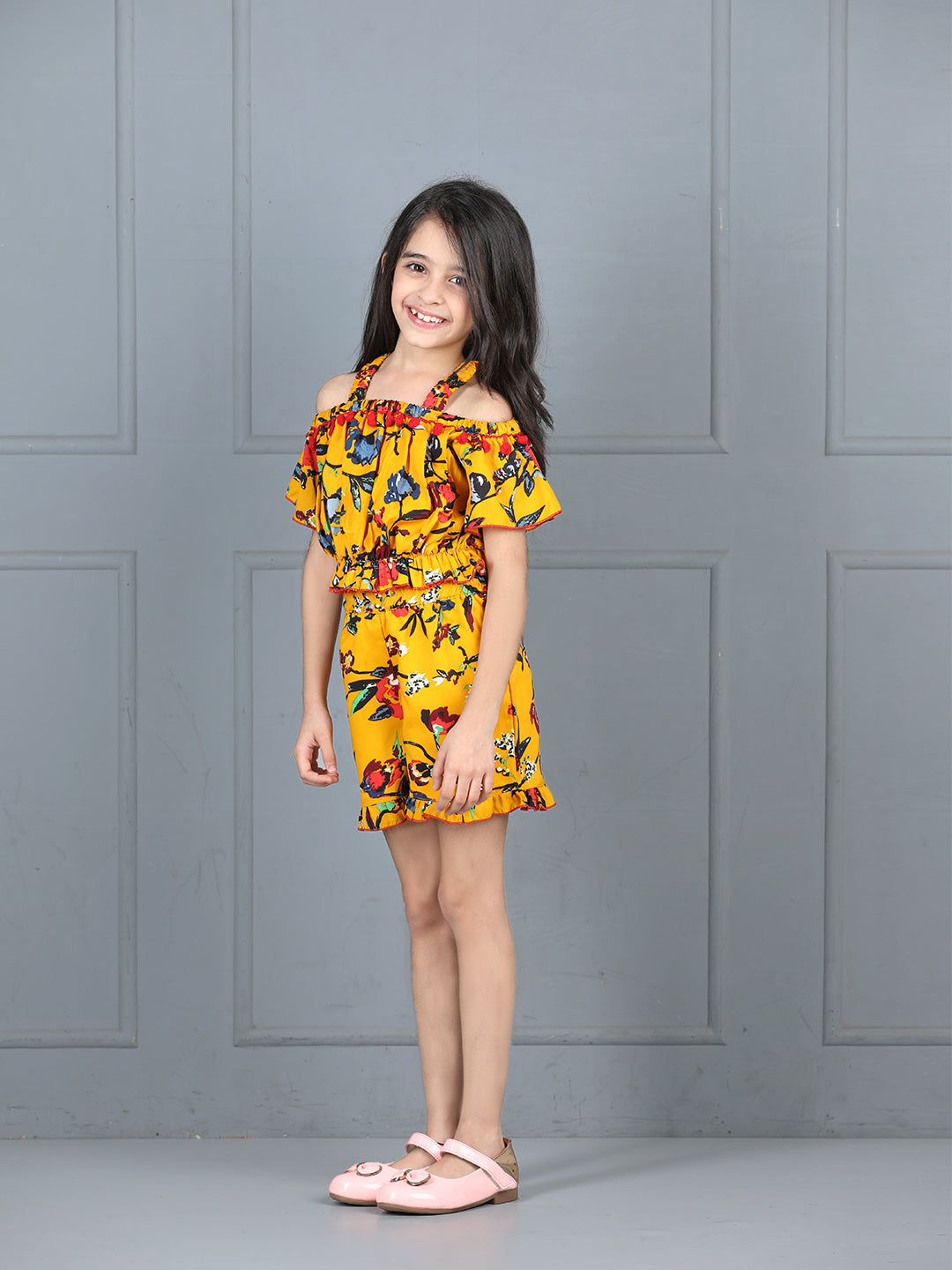 Cutiekins Girls Floral Printed Embellished Top With Printed Shorts -Mustard & Multi