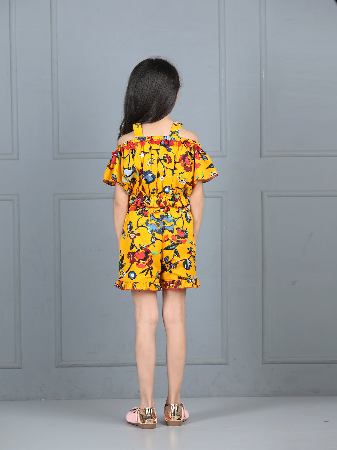 Cutiekins Girls Floral Printed Embellished Top With Printed Shorts -Mustard & Multi