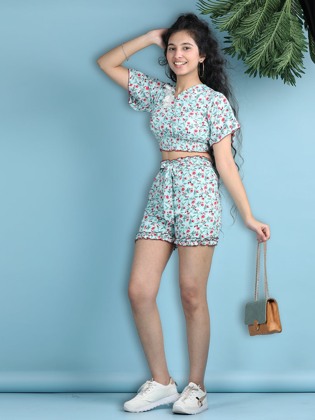 Cutiekins Girls Printed Embellished Top with Printed Shorts -Pista Green & Pink