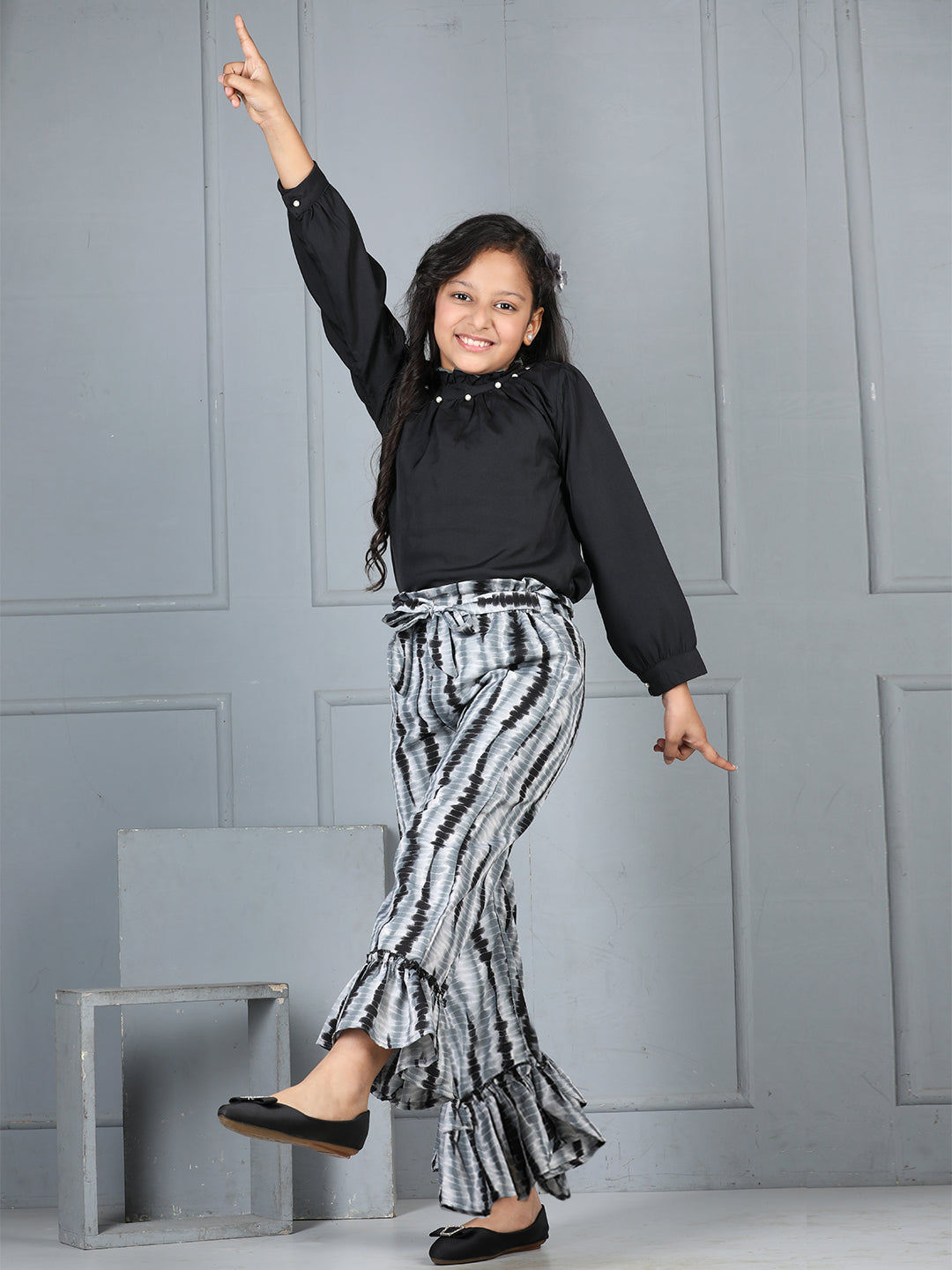 Cutiekins Girls Solid Embellished Top With Printed Palazzo -Black & Off White