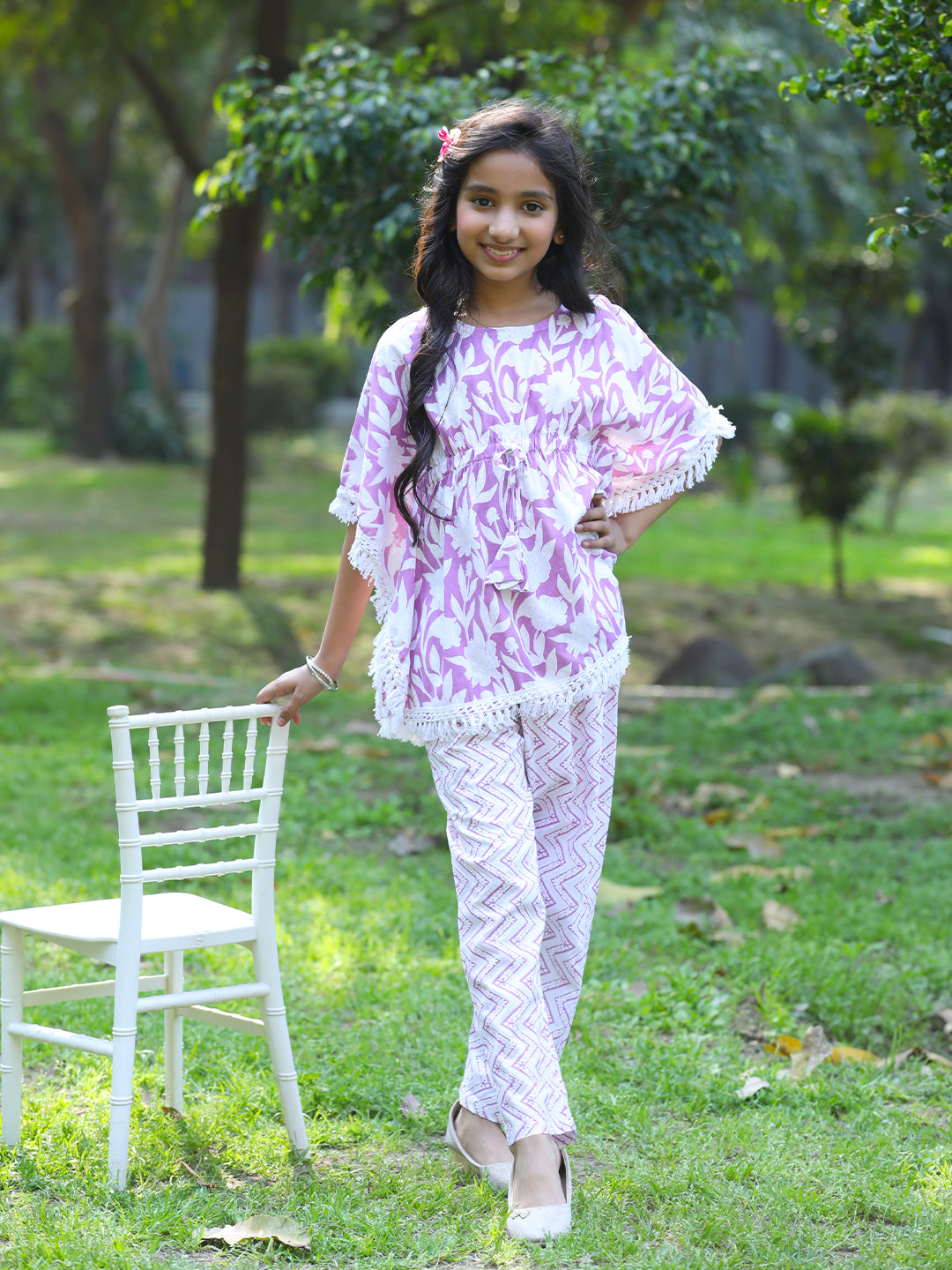 Cutiekins Girls Trendy Floral Print Kaftan Kurta and Palazzo Set -Onion Pink & Off White
