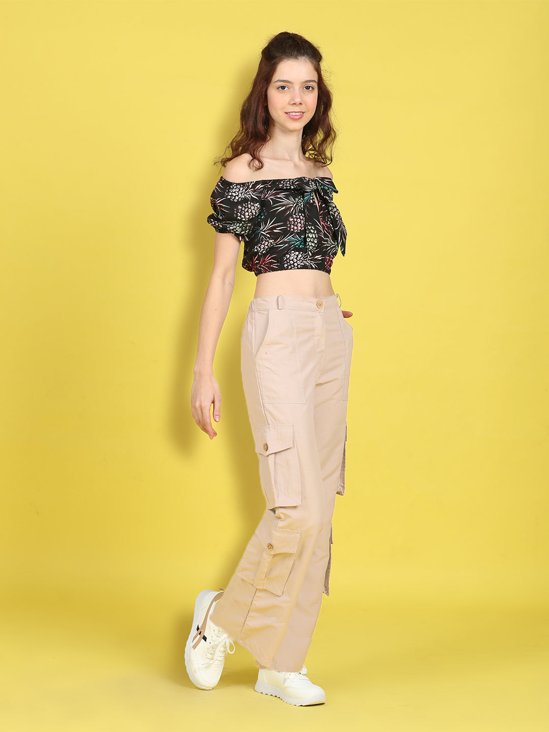 Cutiekins Girls Trendy Bold Look Crop Top With Solid Cargo -Black & Beige