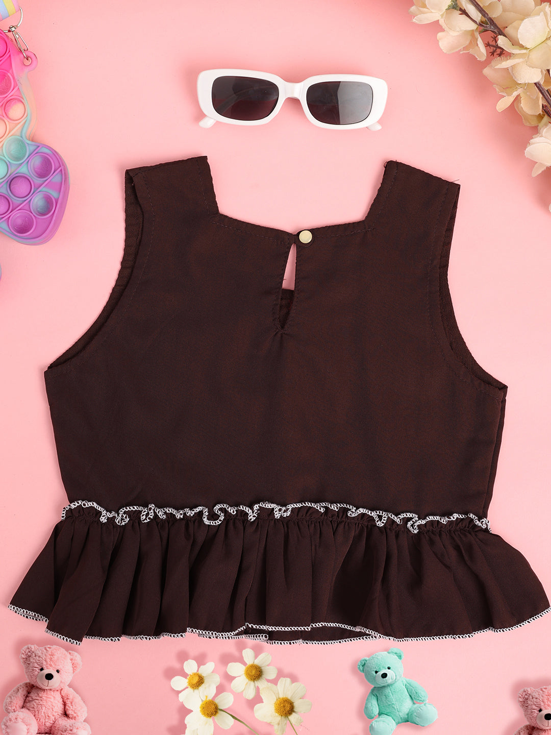 Cutiekins Girls Solid Embellished Crop Top -Coffee Brown