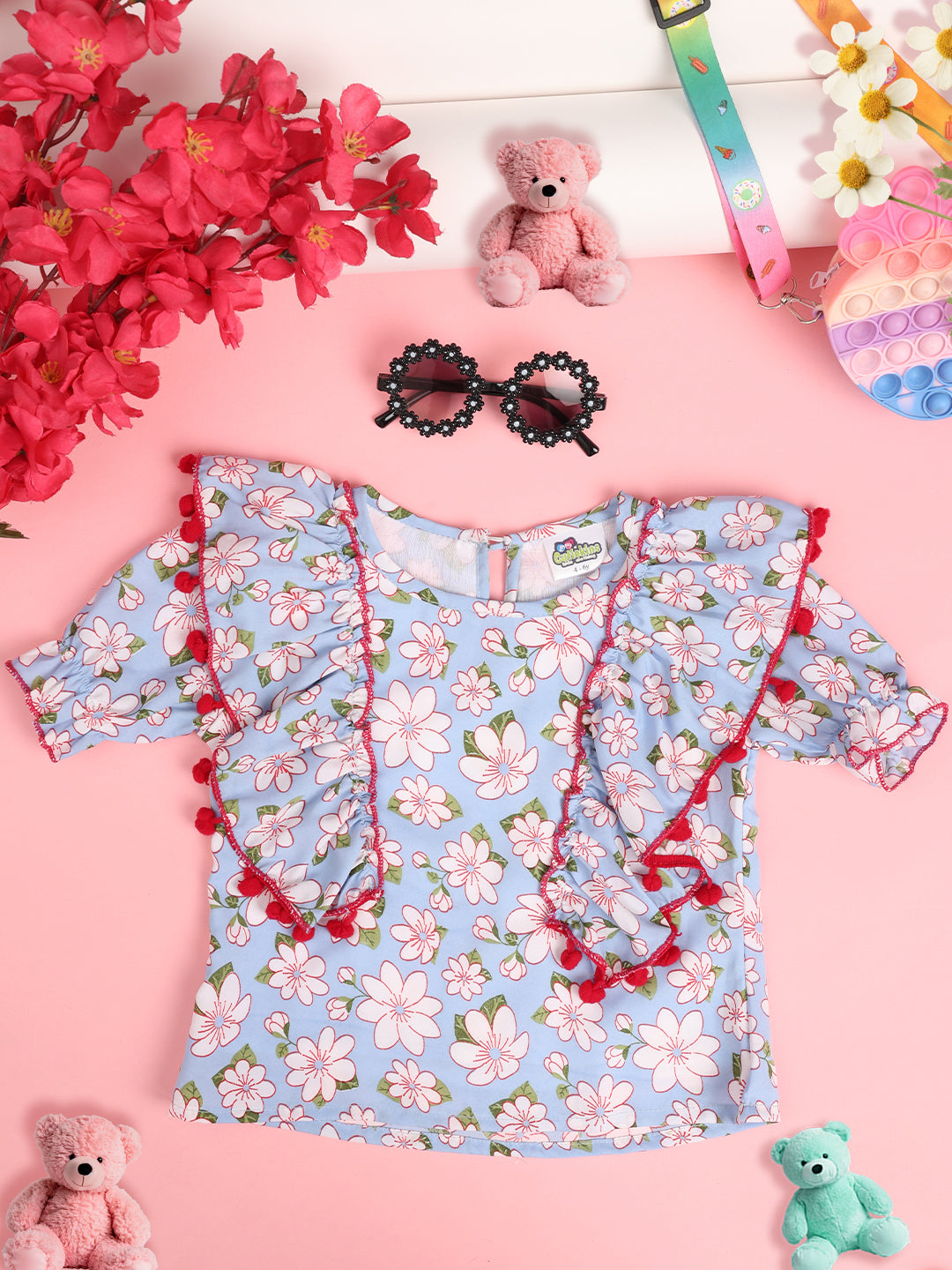 Cutiekins Girls Floral Print Embellished Puff Sleeve Ruffles Top -Blue & Pink