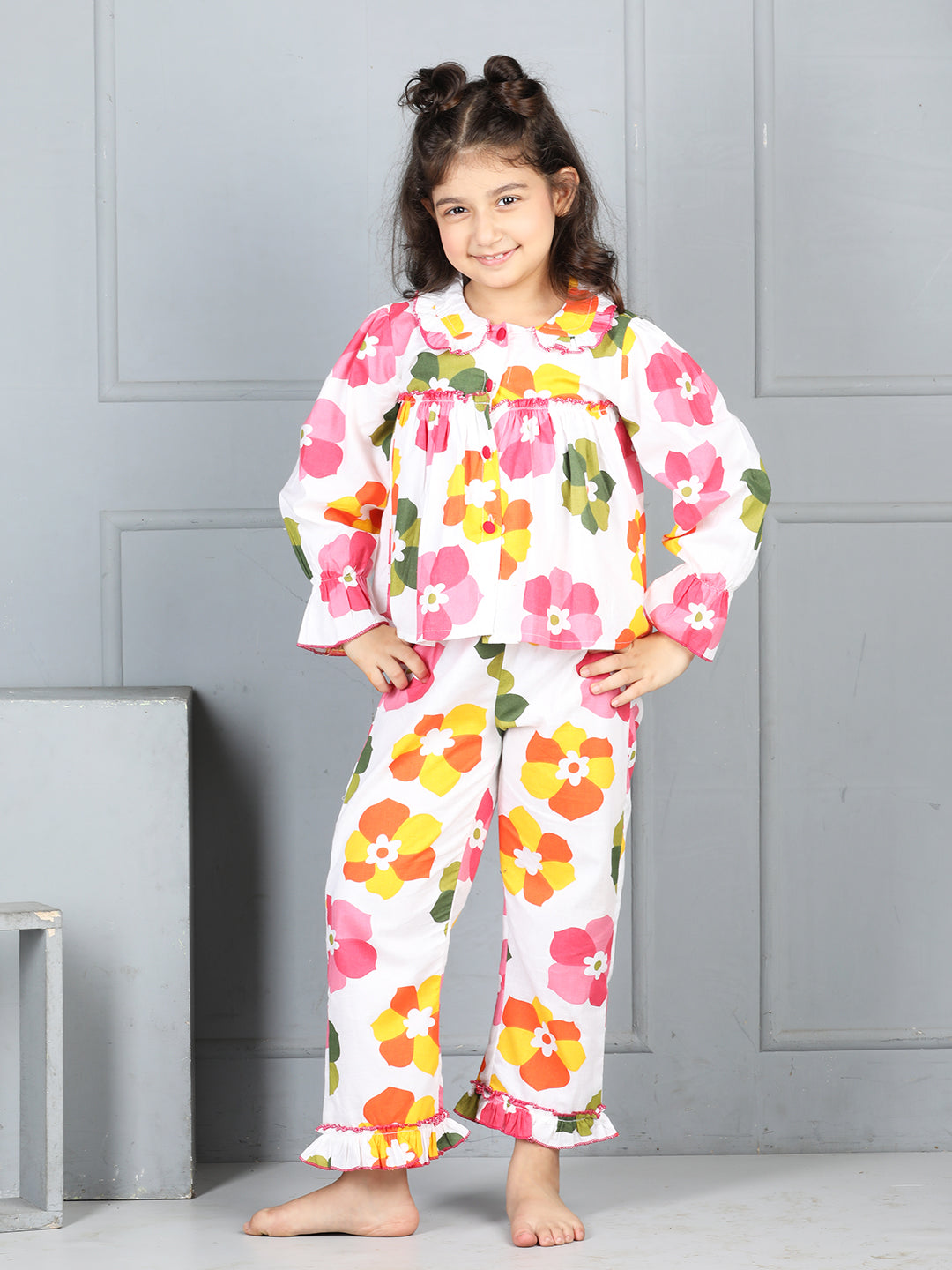 Cutiekins Girls Shirt Style Floral Printed Top With Printed Palazzo Nightsuit -Off White & Pink
