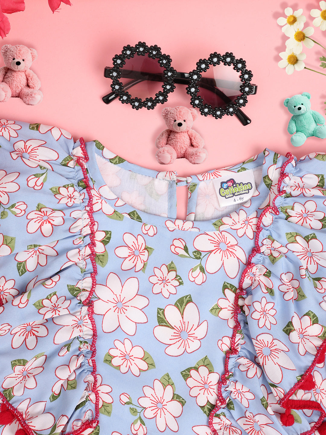 Cutiekins Girls Floral Print Embellished Puff Sleeve Ruffles Top -Blue & Pink