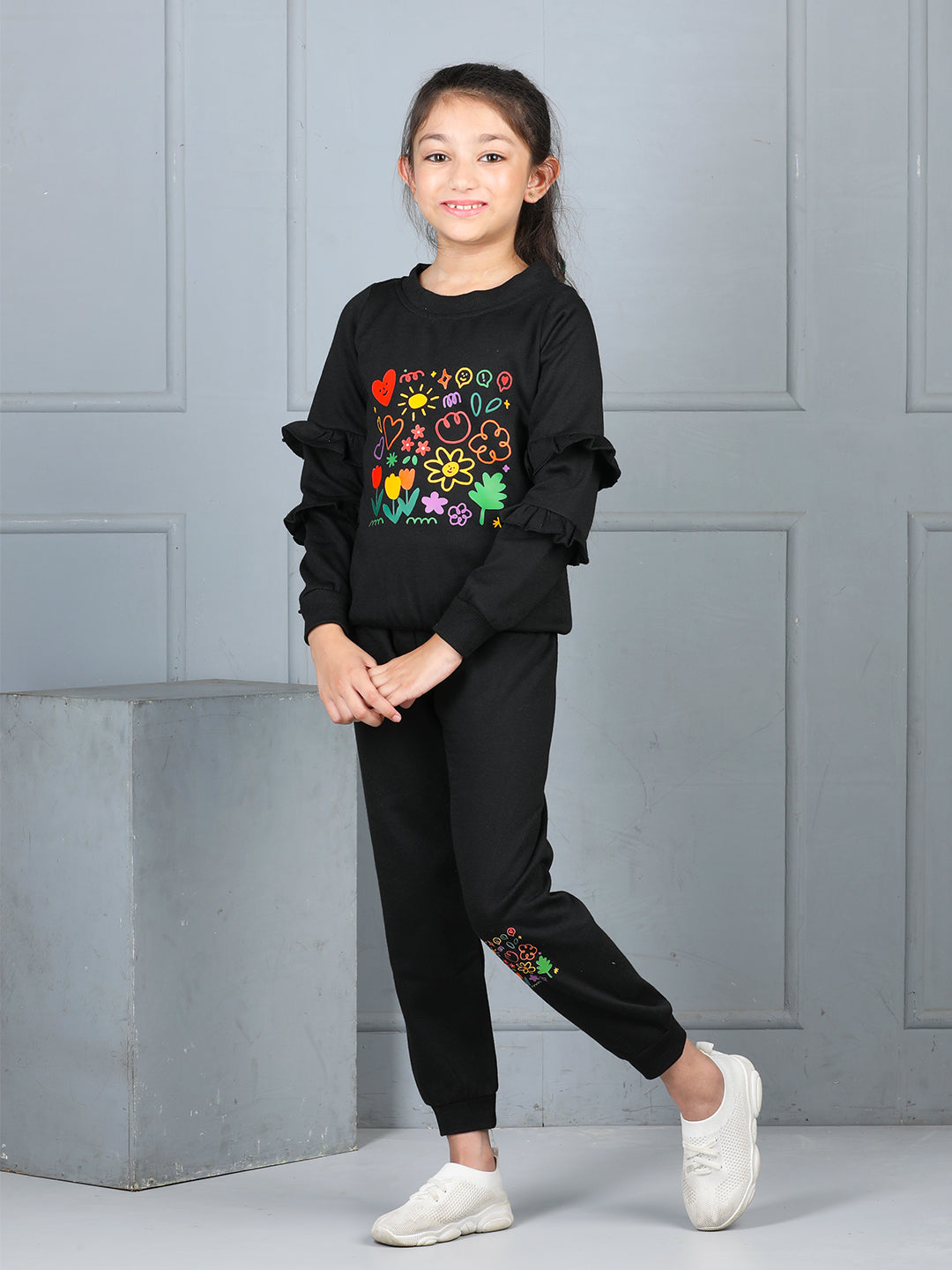 Cutiekins Girls Graphic Print Cozy Tracksuit -Black & Multi