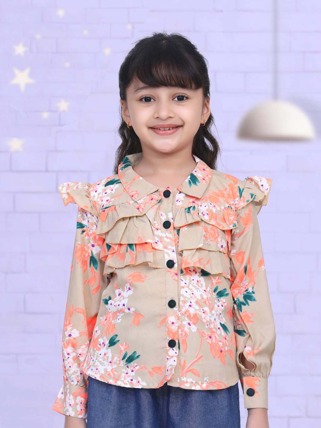 Cutiekins Floral Print Shirt Style Top -Beige