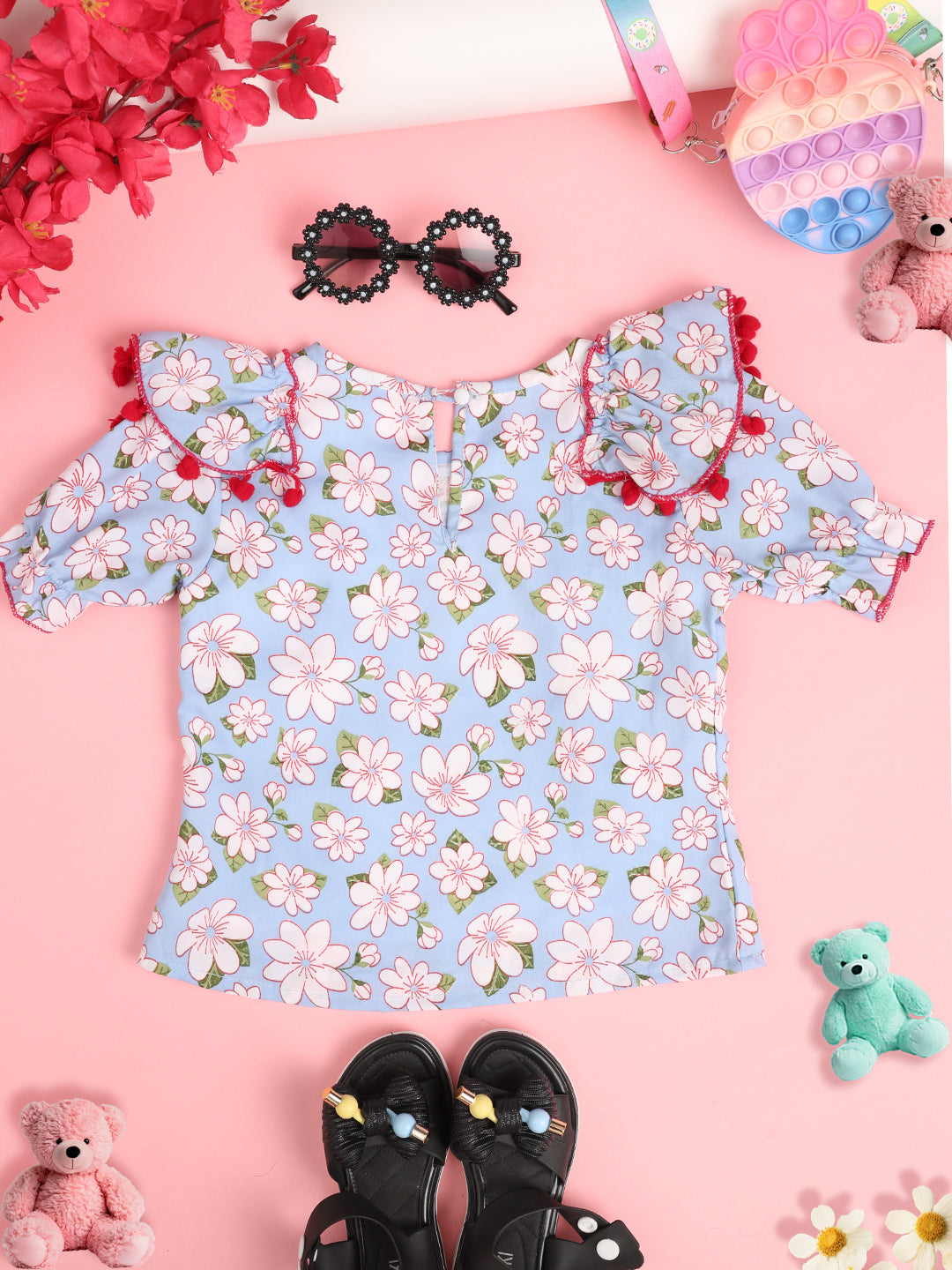 Cutiekins Girls Floral Print Embellished Puff Sleeve Ruffles Top -Blue & Pink