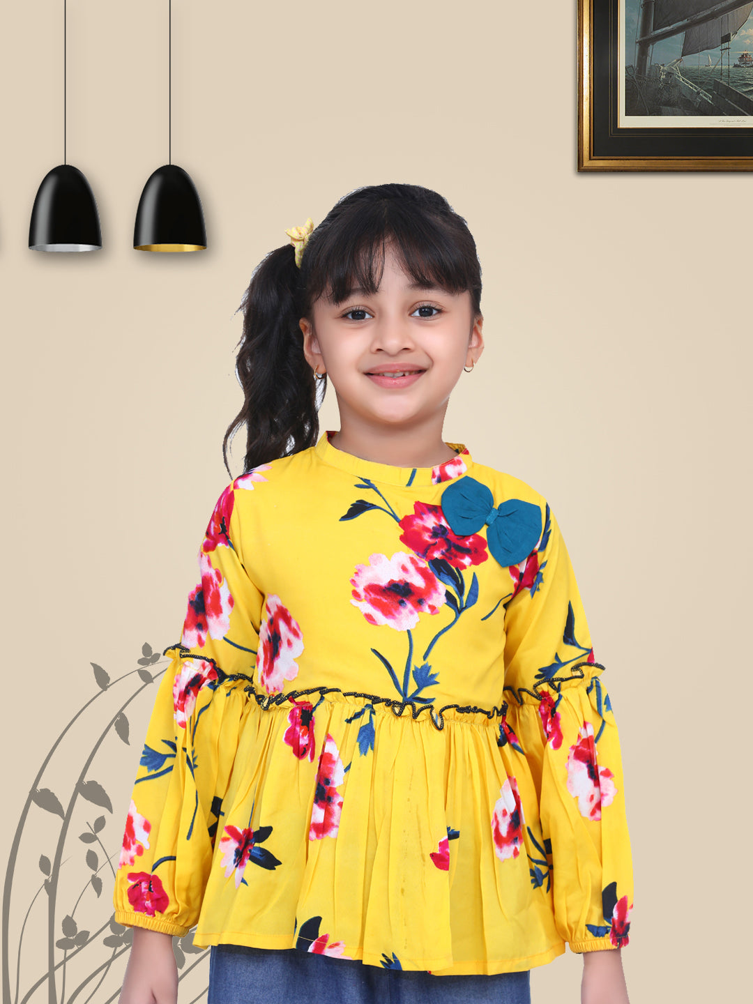 Cutiekins Floral Print Yellow Peplum Top -Yellow