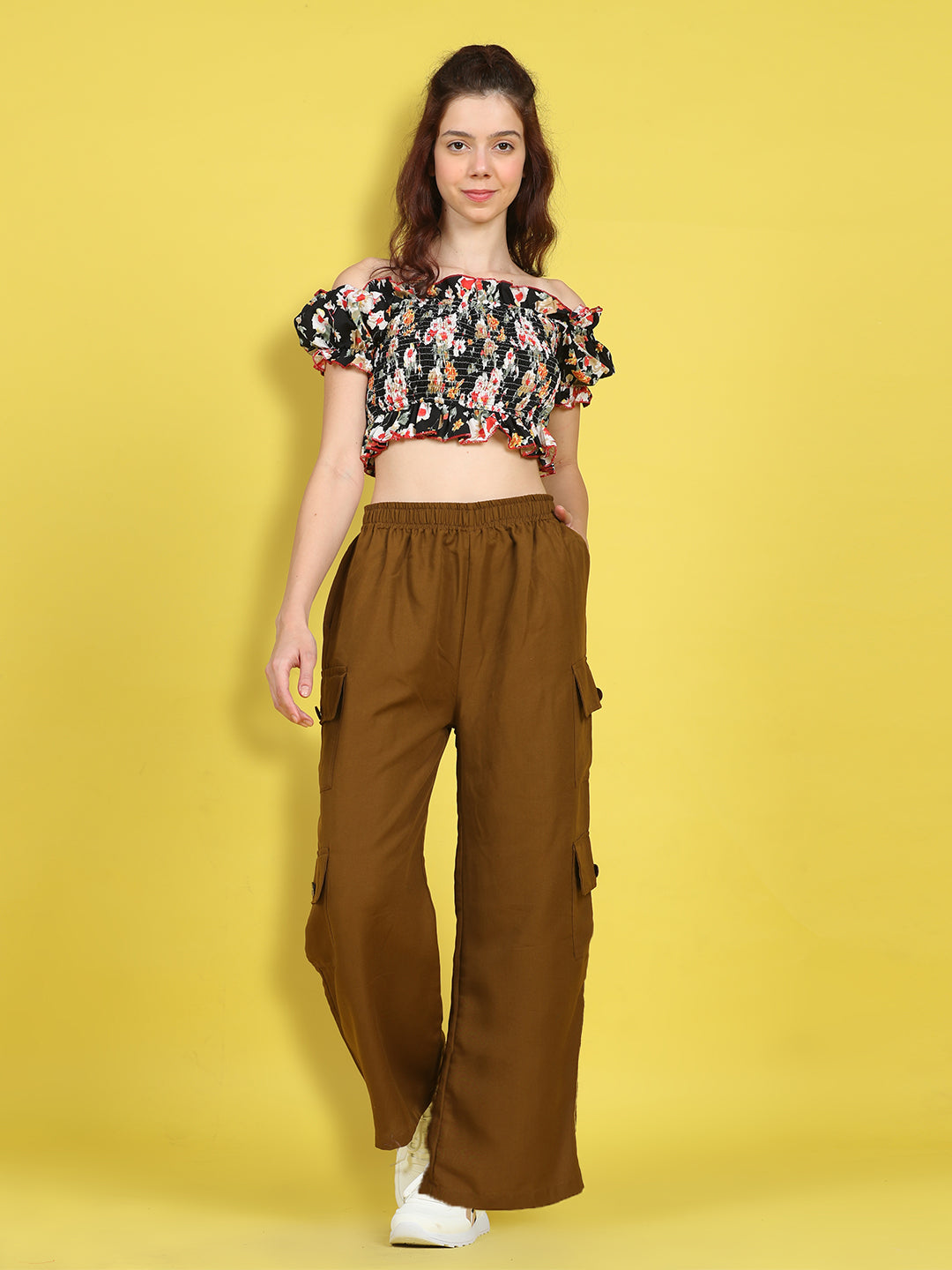 Cutiekins Girls Trendy Bold Look Crop Top With Solid Cargo -Black & Brown