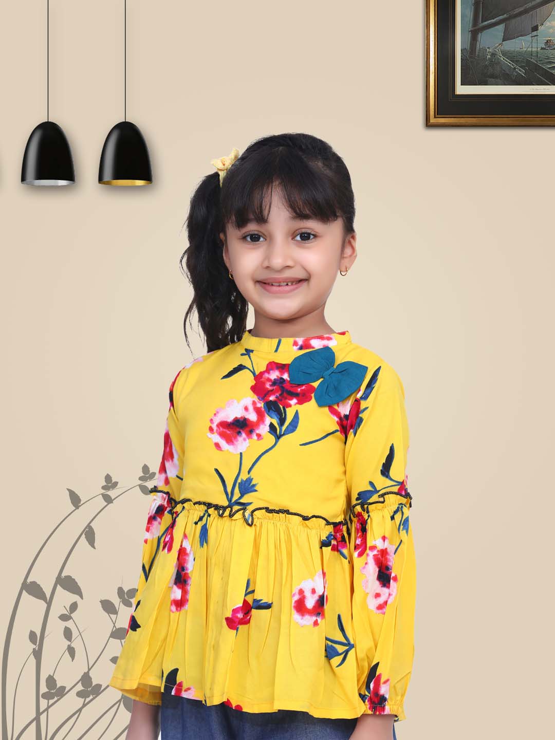 Cutiekins Floral Print Yellow Peplum Top -Yellow