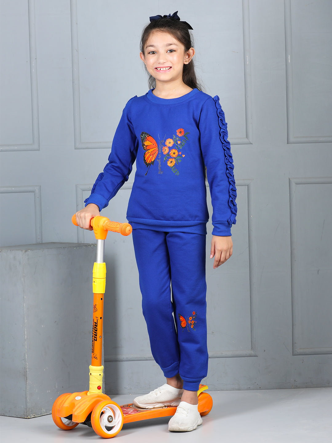 Cutiekins Girls Graphic Print and Embellished Cozy Tracksuit -Dark Blue & Rust