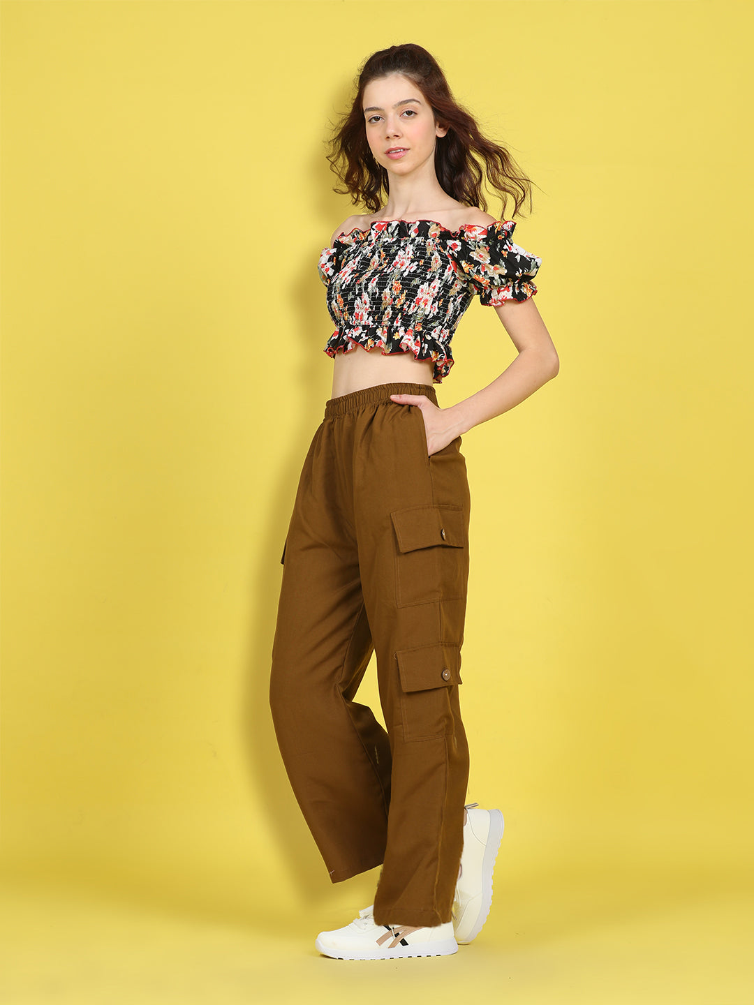 Cutiekins Girls Trendy Bold Look Crop Top With Solid Cargo -Black & Brown