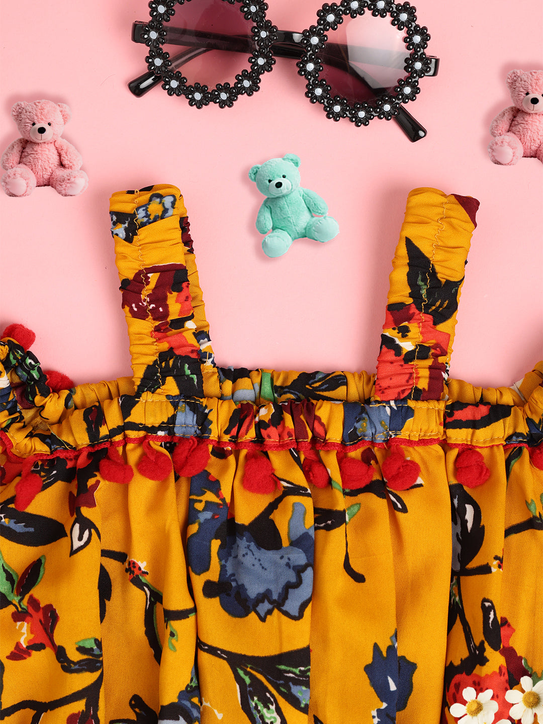 Cutiekins Girls Floral Printed Embellished Crop Top- Mustard & Multi