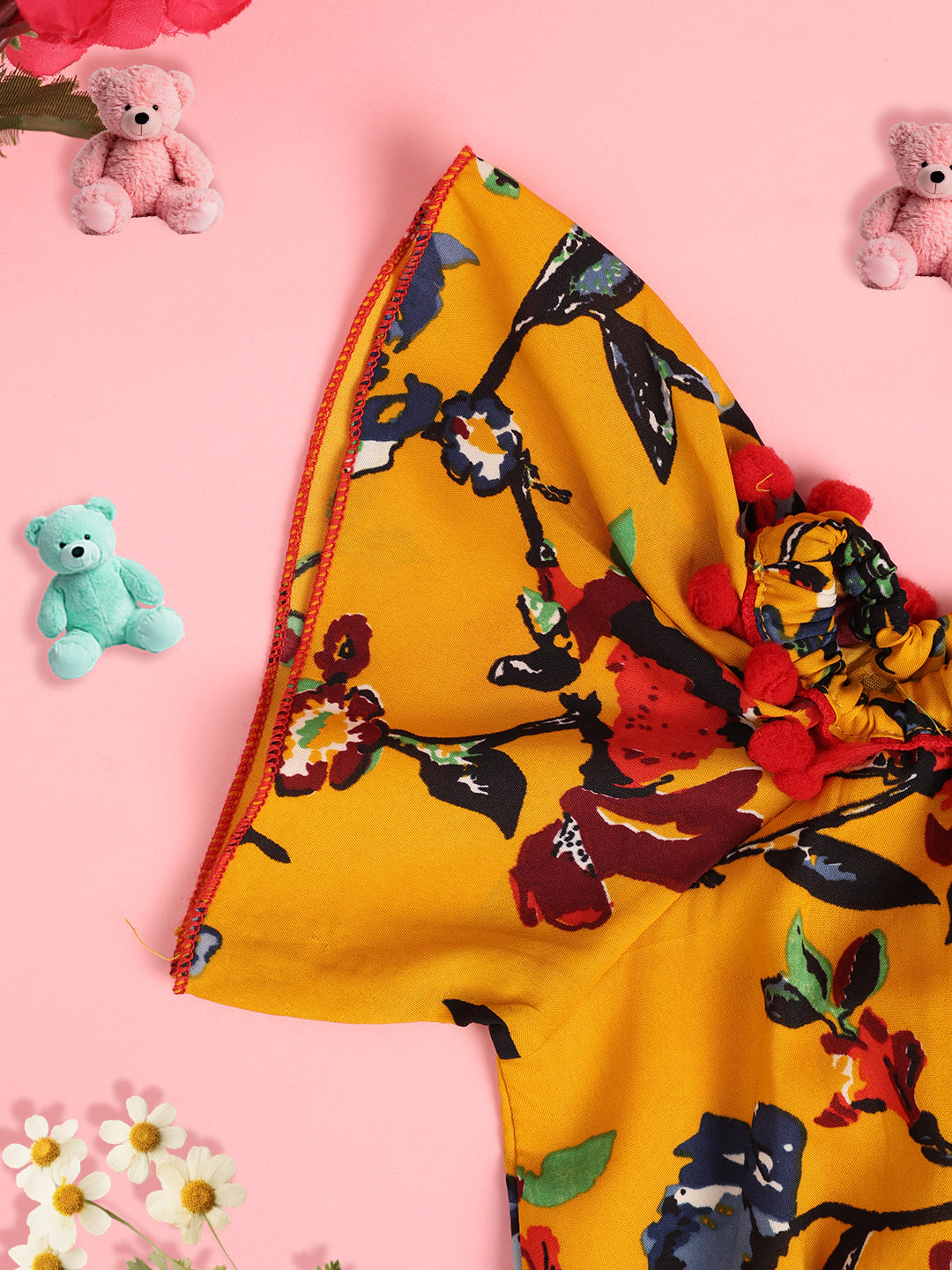 Cutiekins Girls Floral Printed Embellished Crop Top- Mustard & Multi