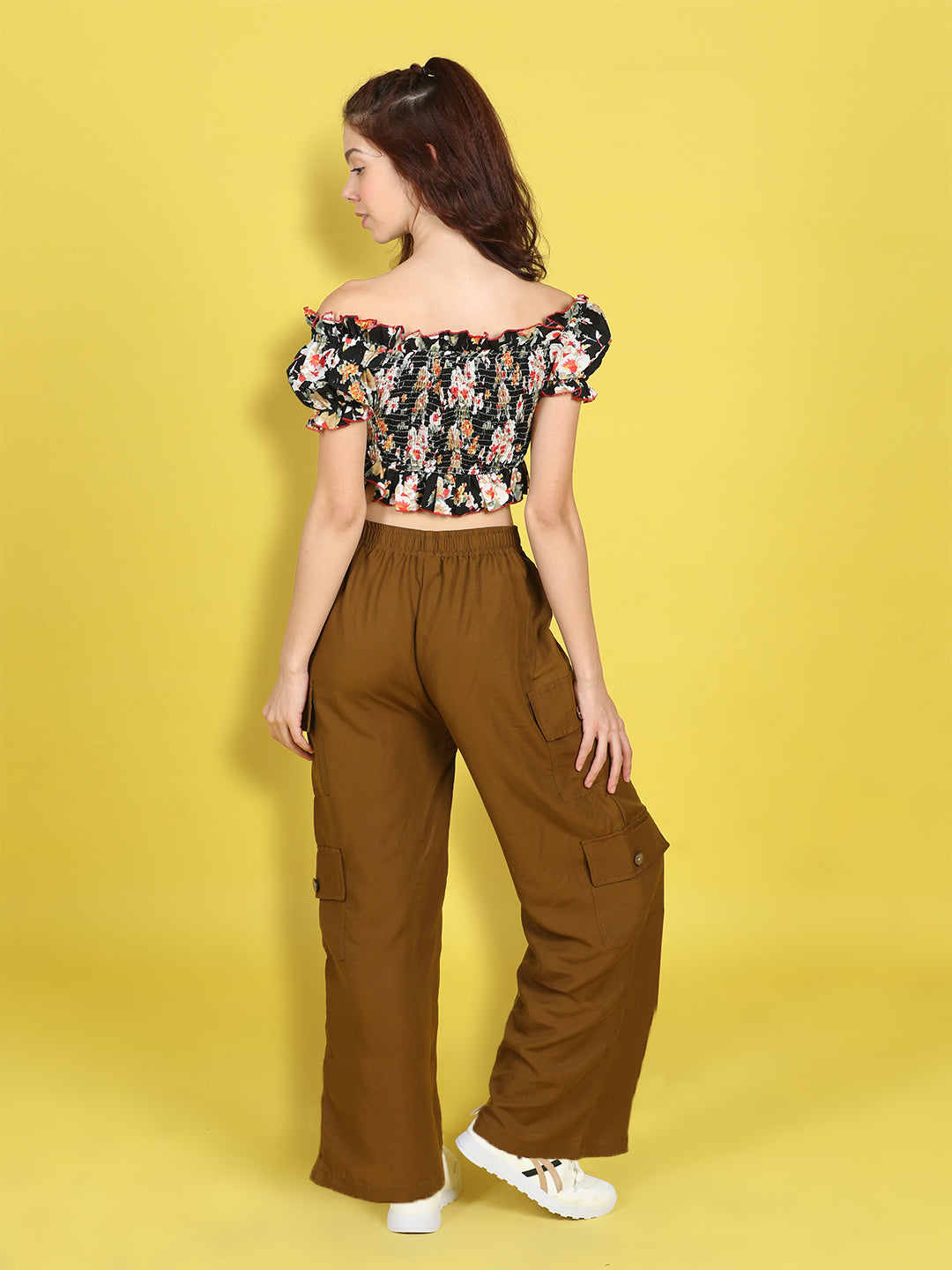 Cutiekins Girls Trendy Bold Look Crop Top With Solid Cargo -Black & Brown