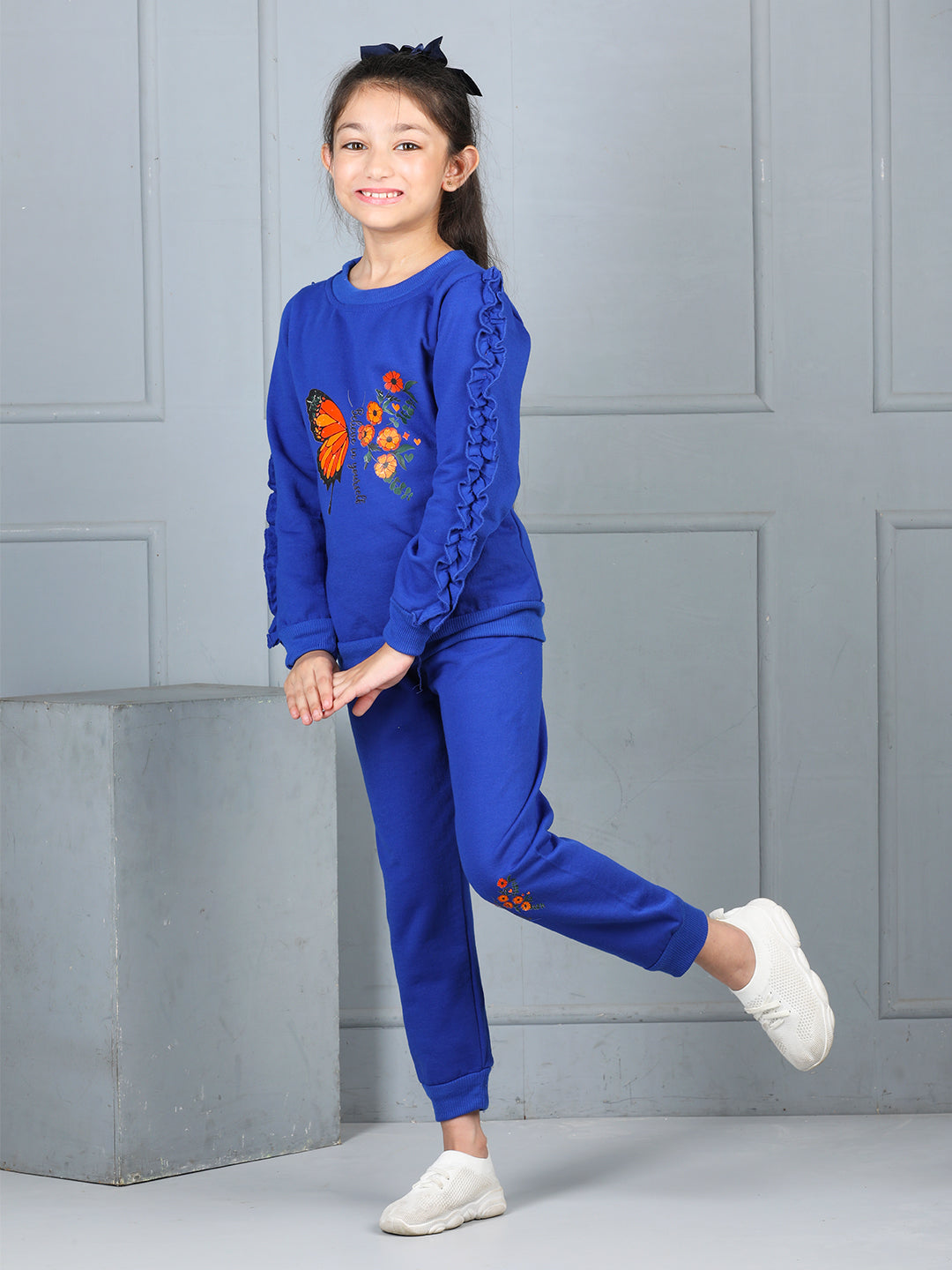 Cutiekins Girls Graphic Print and Embellished Cozy Tracksuit -Dark Blue & Rust