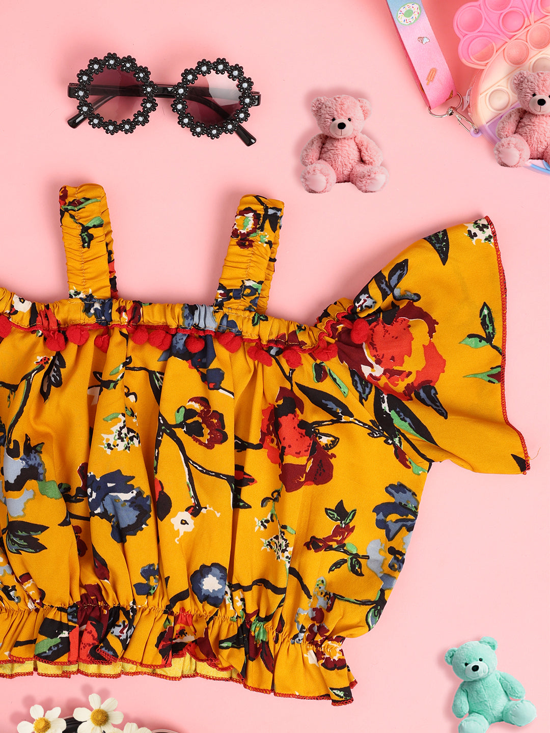 Cutiekins Girls Floral Printed Embellished Crop Top- Mustard & Multi