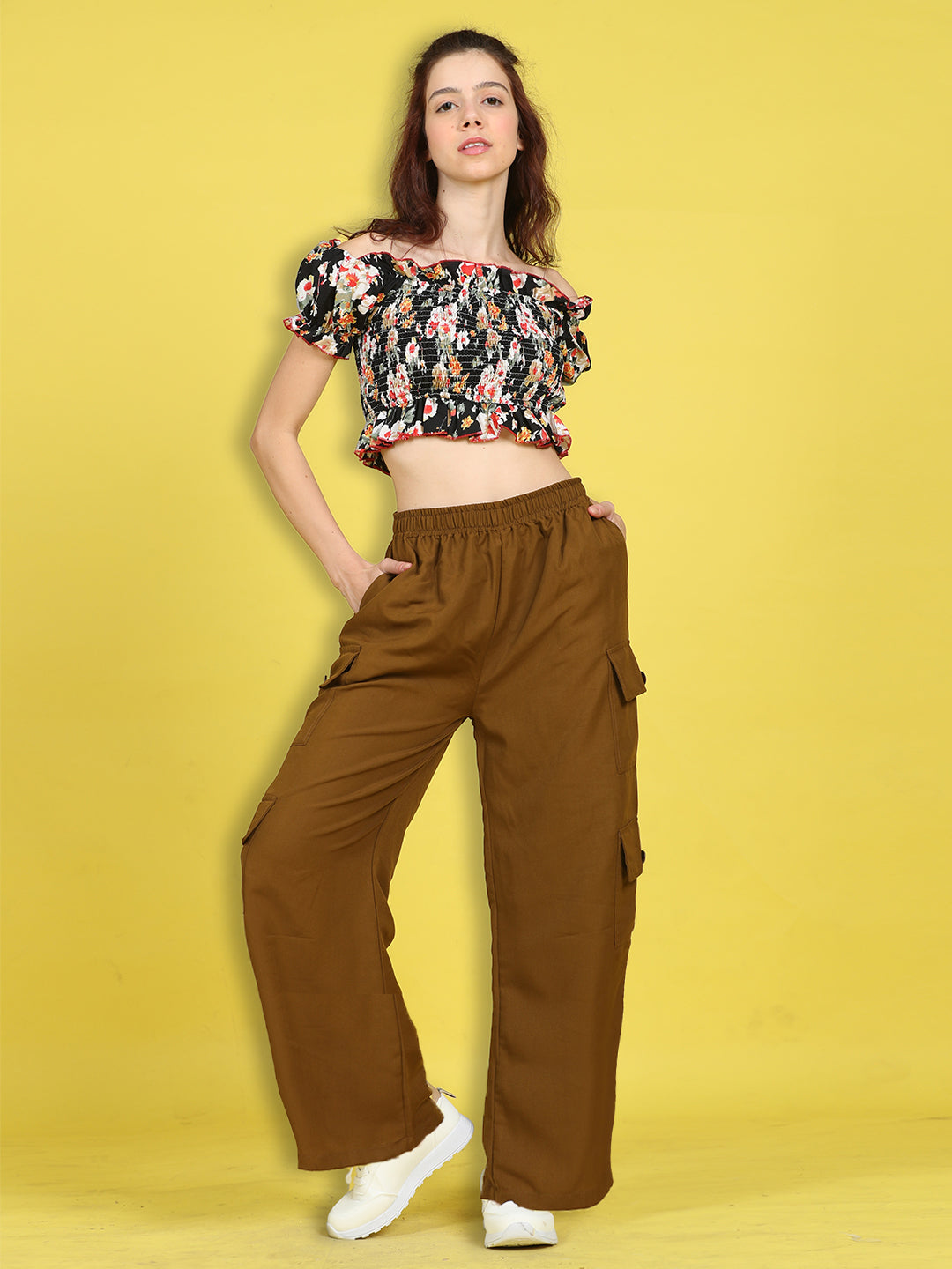 Cutiekins Girls Trendy Bold Look Crop Top With Solid Cargo -Black & Brown