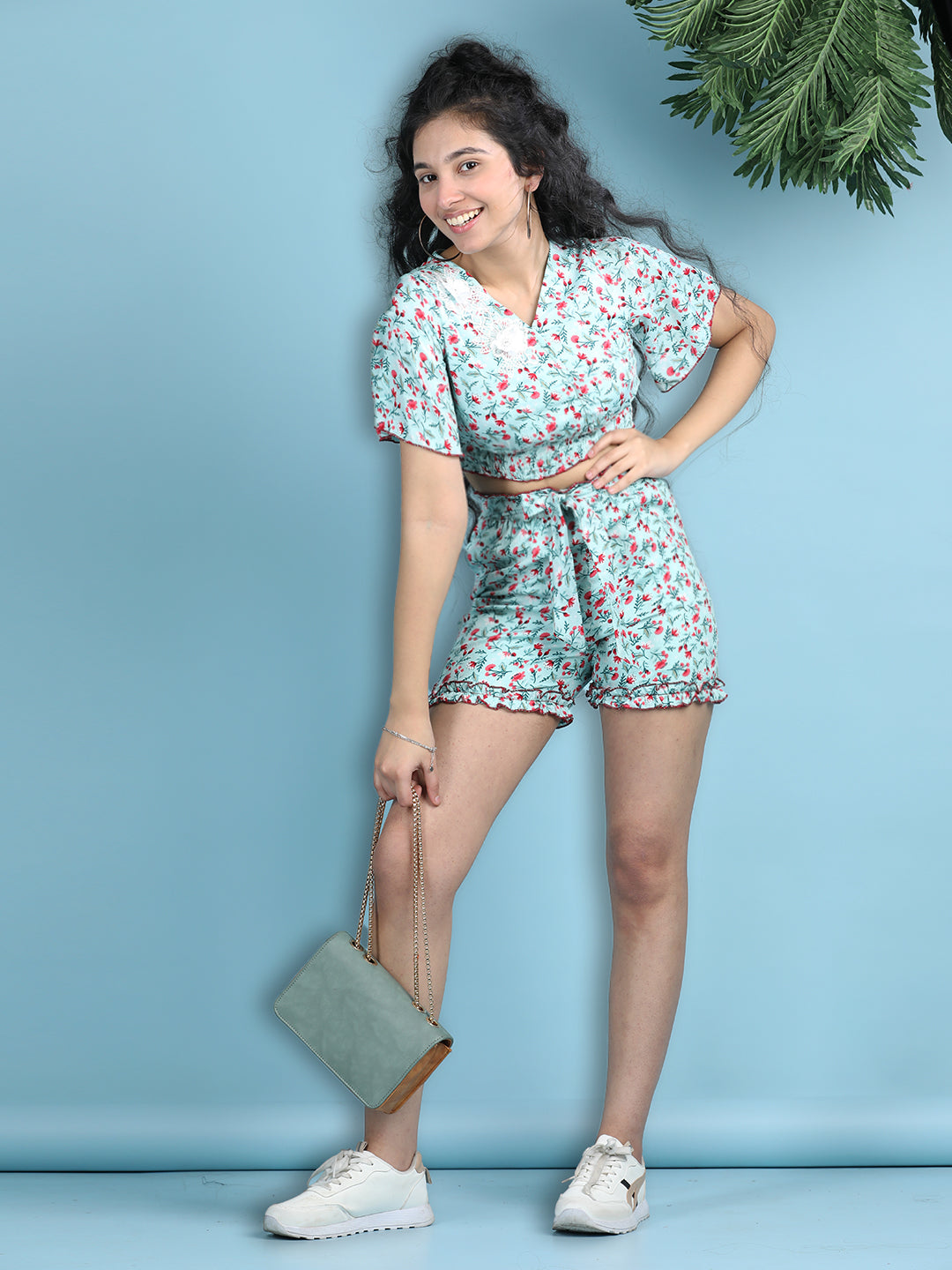 Cutiekins Girls Printed Embellished Top with Printed Shorts -Pista Green & Pink