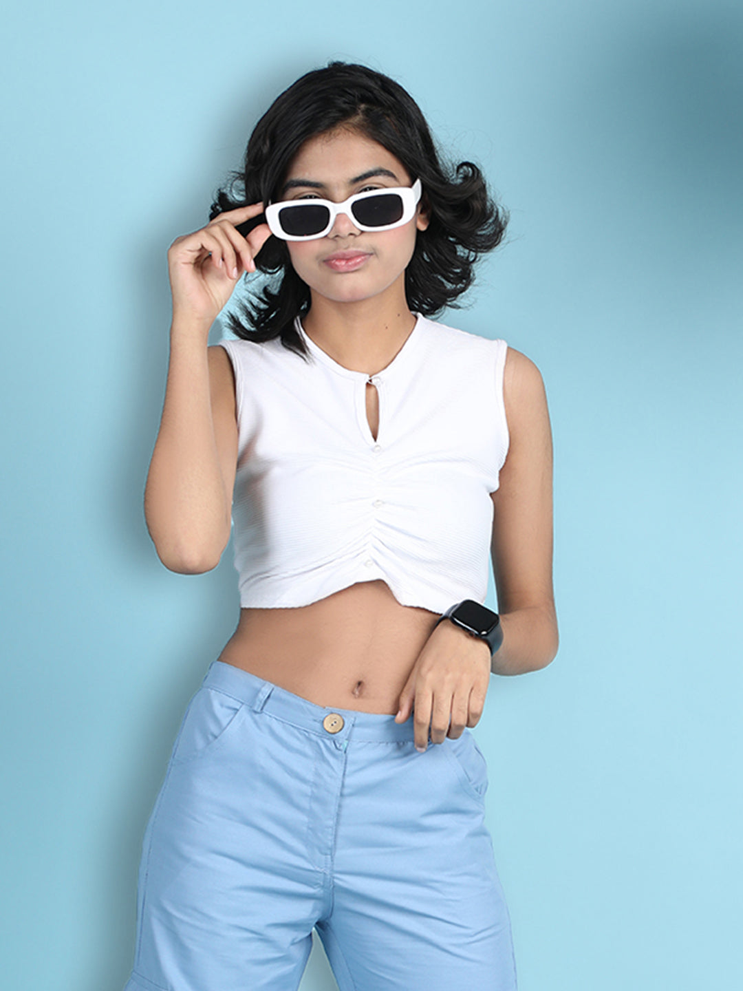 Cutiekins Girls Solid Embellished Stylish Crop Top -White