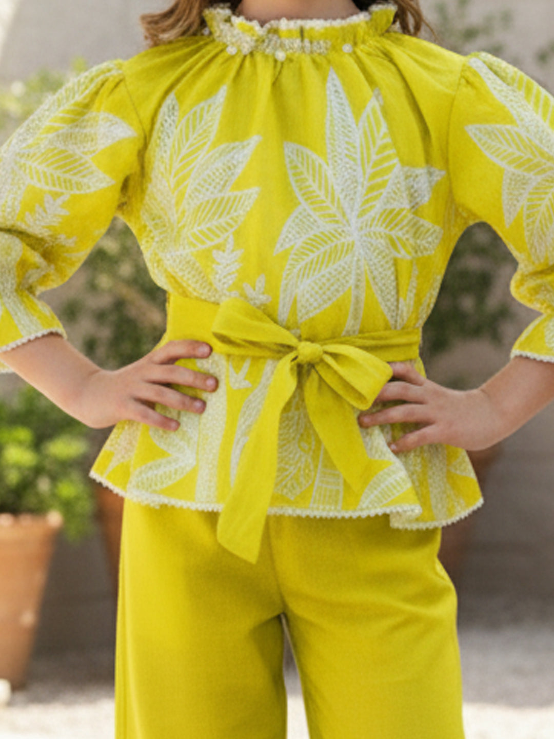 Cutiekins Girls Trendy Floral Print Peplum Top and Wide Leg Pants Co-Ord Set - Yellow & White