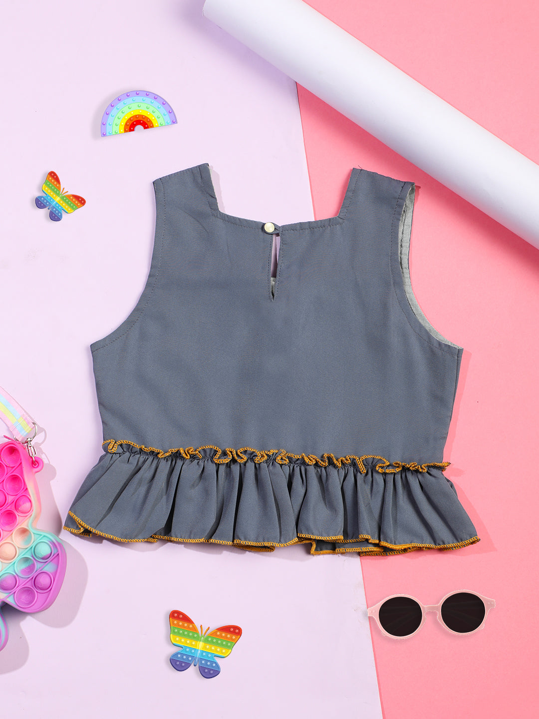 Cutiekins Girls Solid Embellished Crop Top -Grey