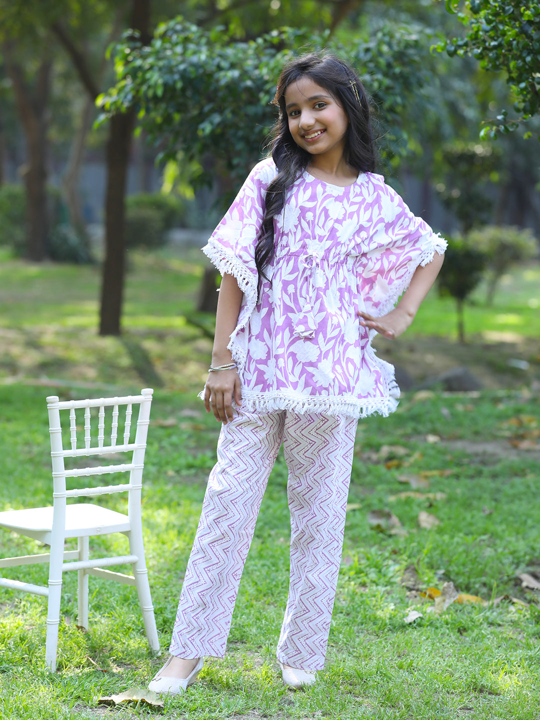Cutiekins Girls Trendy Floral Print Kaftan Kurta and Palazzo Set -Onion Pink & Off White