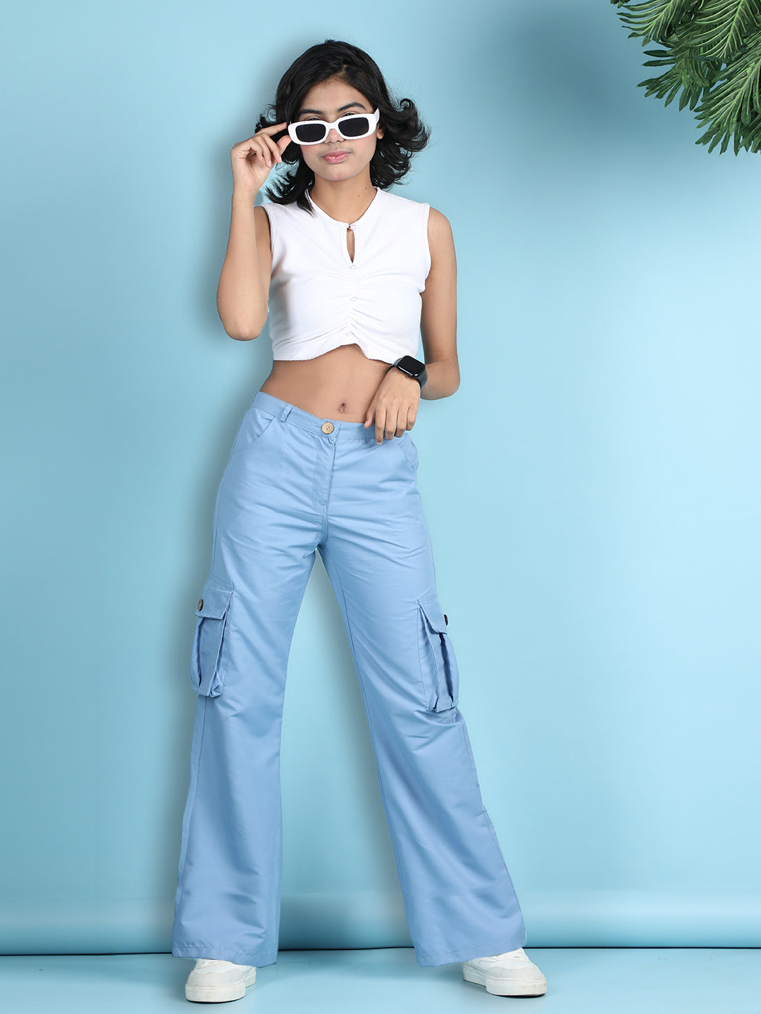 Cutiekins Girls Solid Embellished Top with Solid Cargo -White & Blue