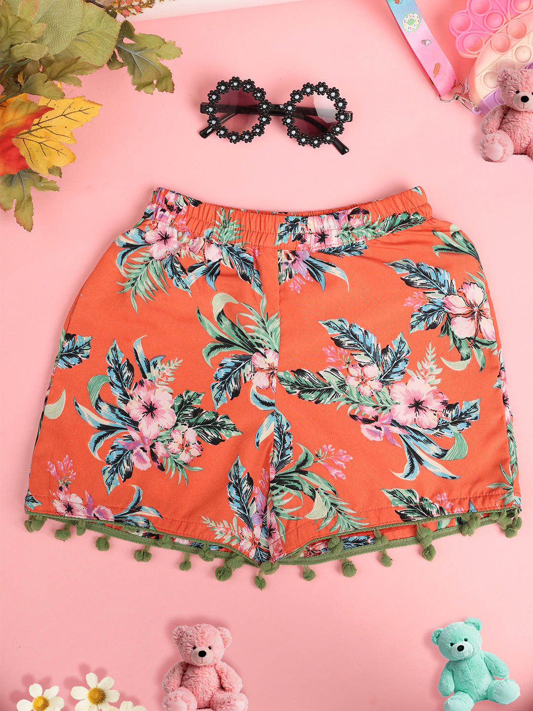 Cutiekins Girls Floral Printed Embellished Short -Coral & Green