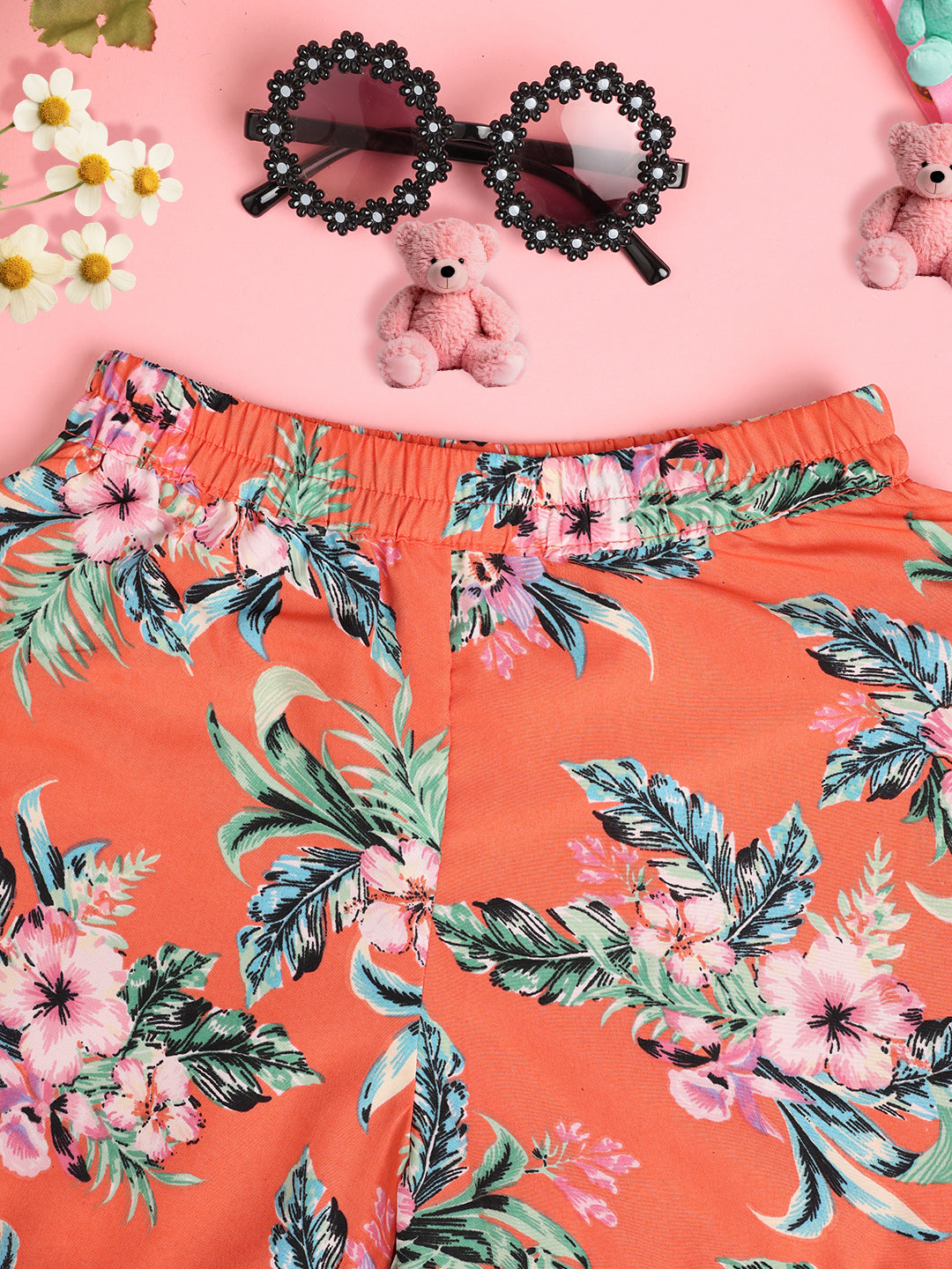 Cutiekins Girls Floral Printed Embellished Short -Coral & Green