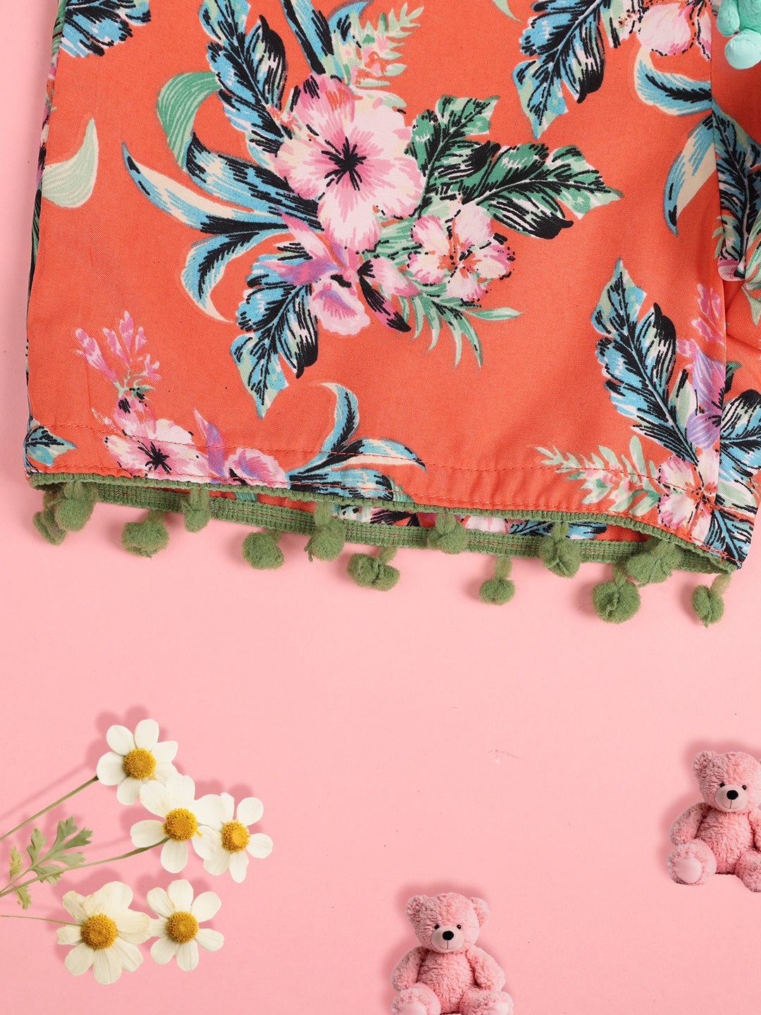 Cutiekins Girls Floral Printed Embellished Short -Coral & Green
