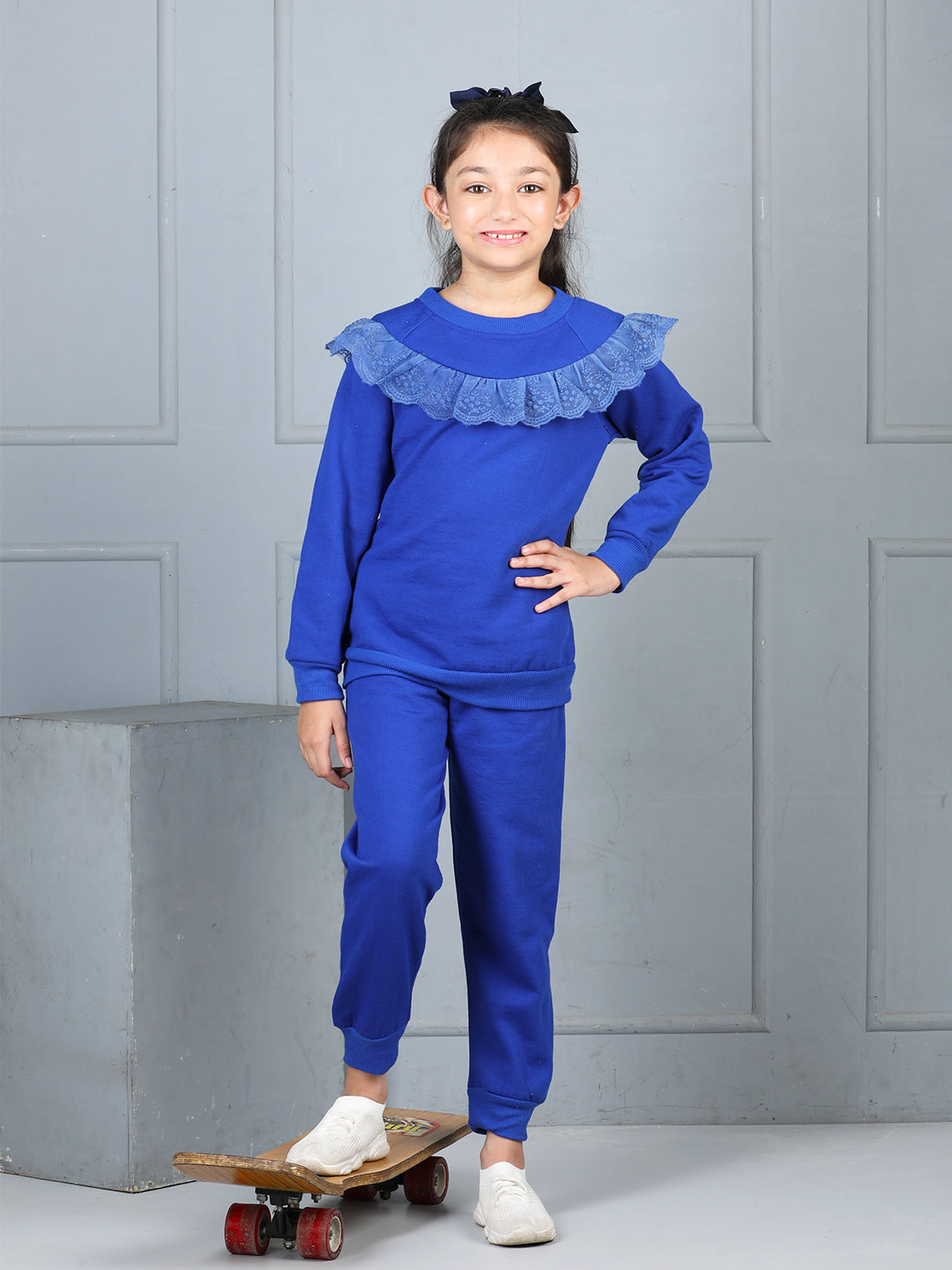 Cutiekins Girls Solid Embellished Cozy Fleece Tracksuit -Dark Blue