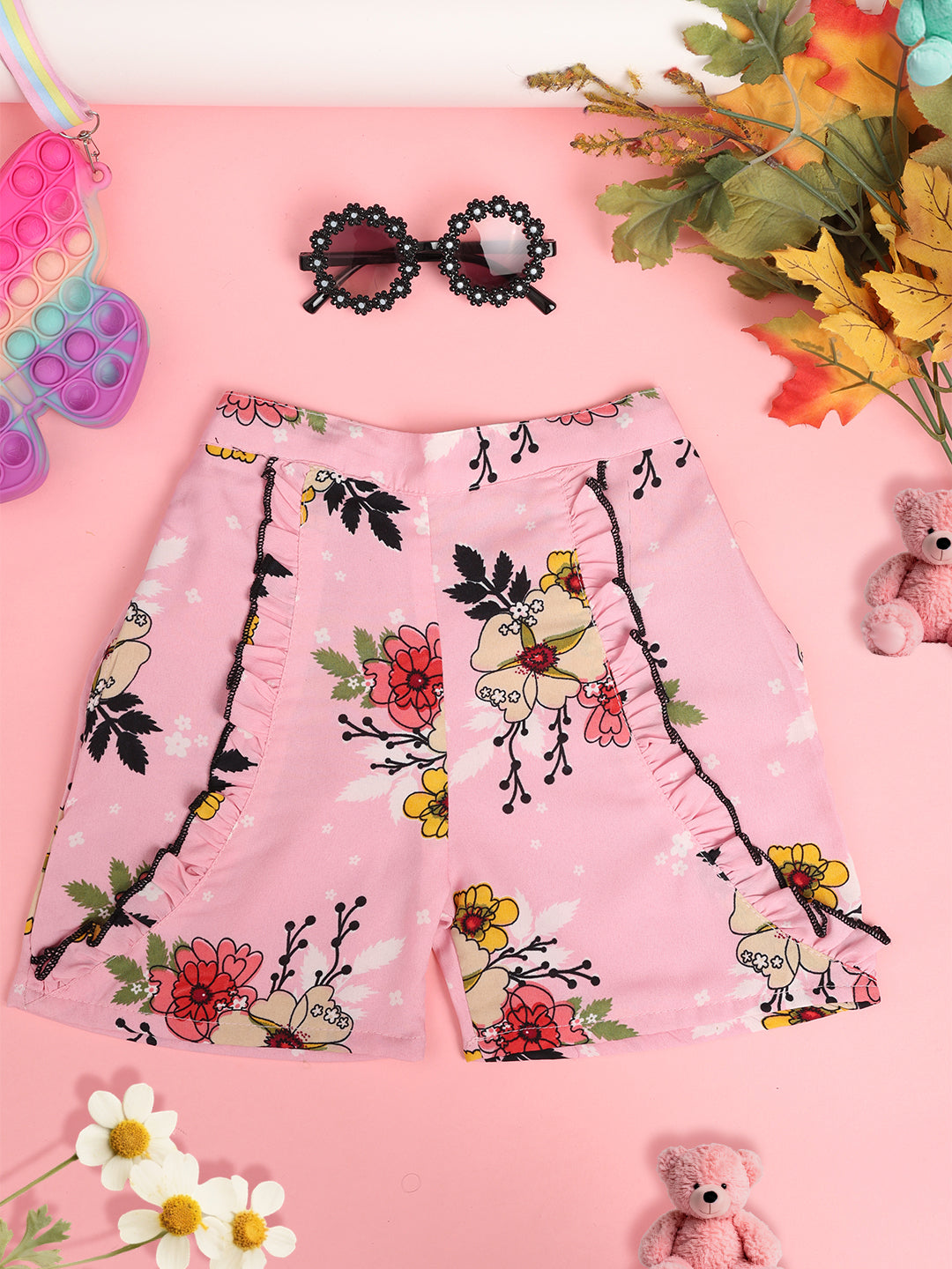 Cutiekins Girls Floral Print Embellished Short -Pink & Multi