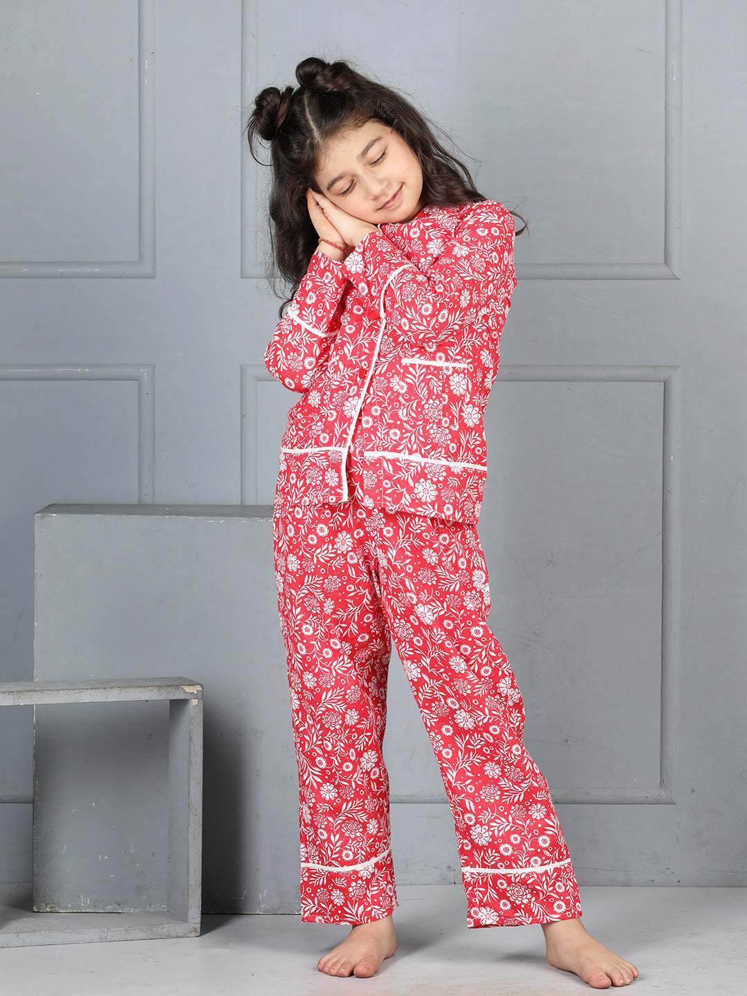 Cutiekins Girls Shirt Style Floral Print Top With Printed Palazzo Nightsuit -Coral & Off White