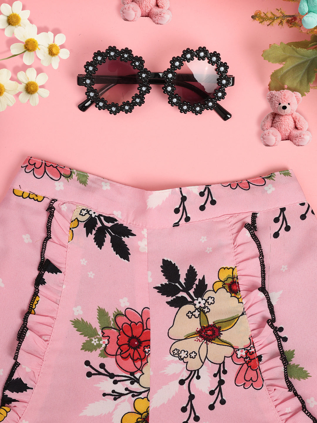 Cutiekins Girls Floral Print Embellished Short -Pink & Multi