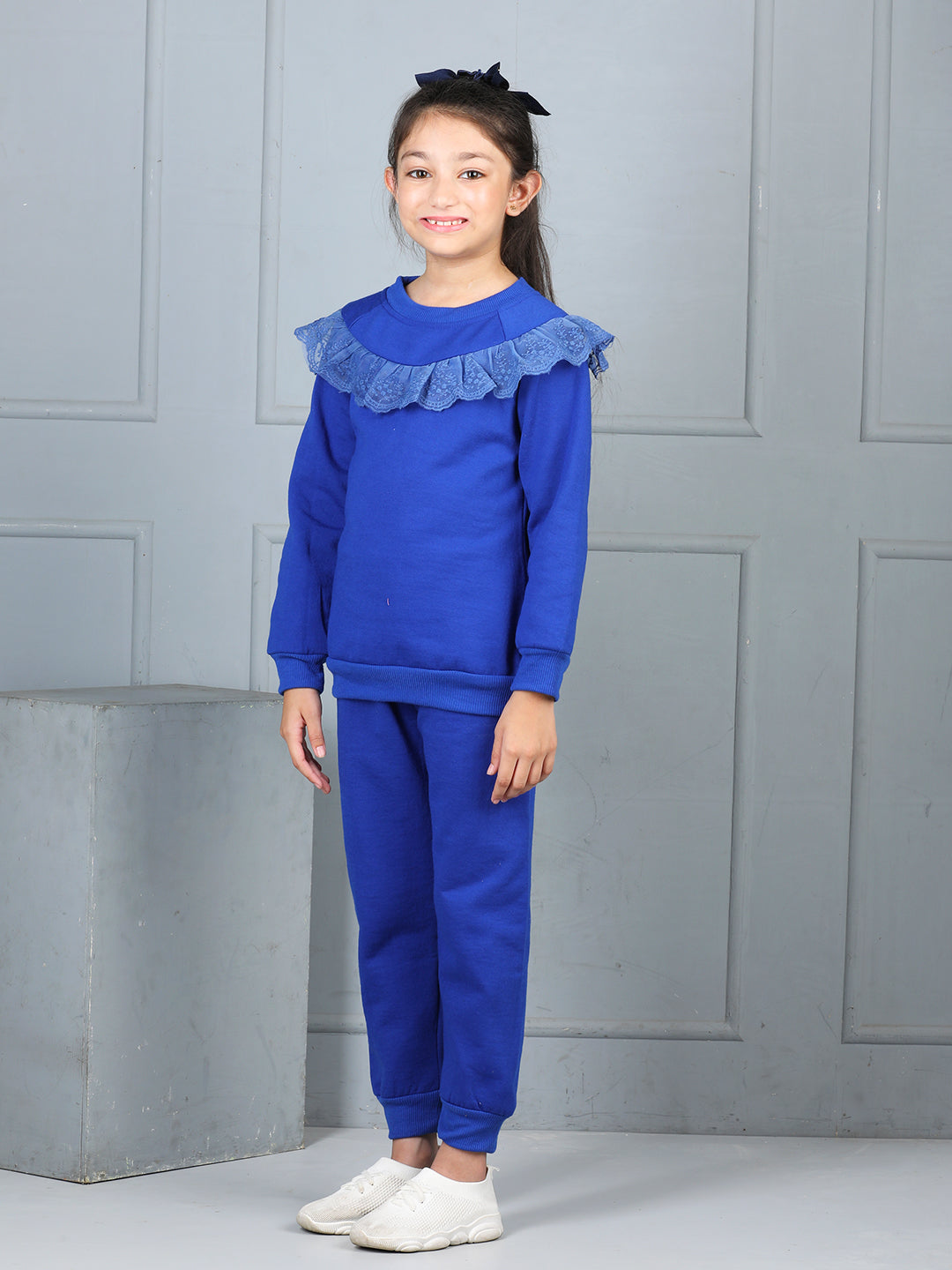 Cutiekins Girls Solid Embellished Cozy Fleece Tracksuit -Dark Blue