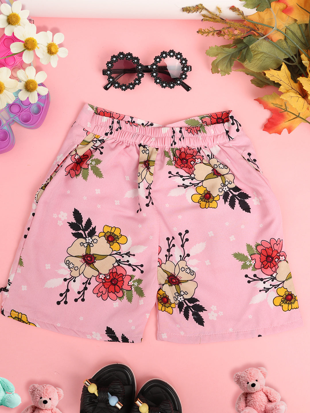 Cutiekins Girls Floral Print Embellished Short -Pink & Multi