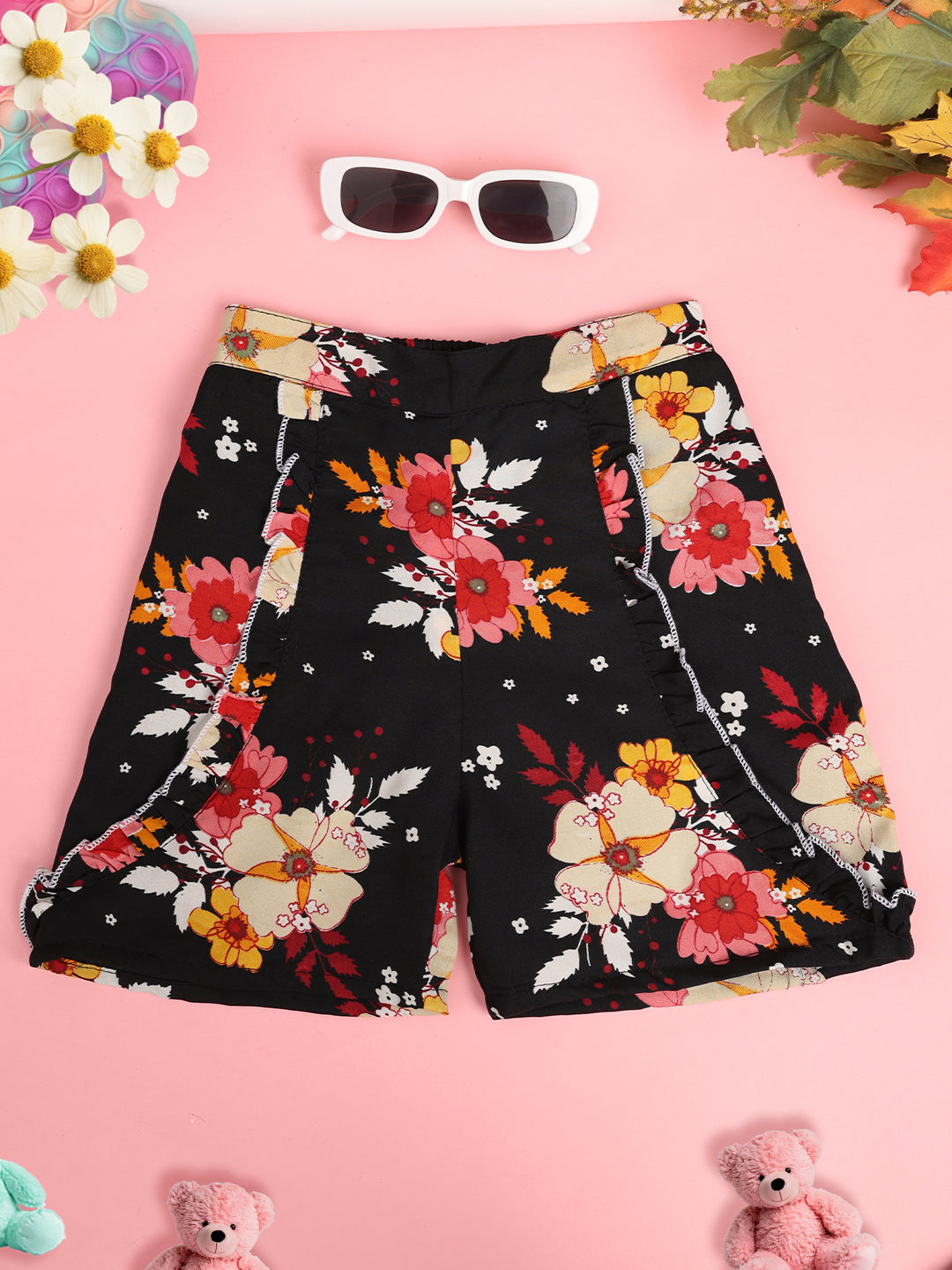 Cutiekins Girls Floral Print Embellished Short -Black & Pink