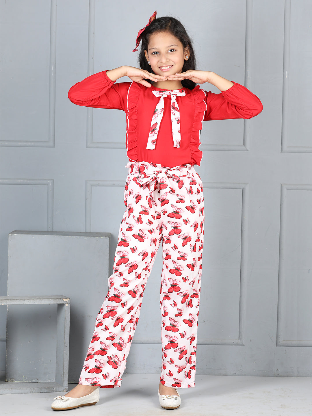 Cutiekins Girls Tie-Up Solid Embellished Top With Butterfly Print Trouser -Red & Off White