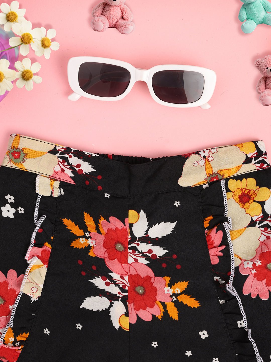 Cutiekins Girls Floral Print Embellished Short -Black & Pink